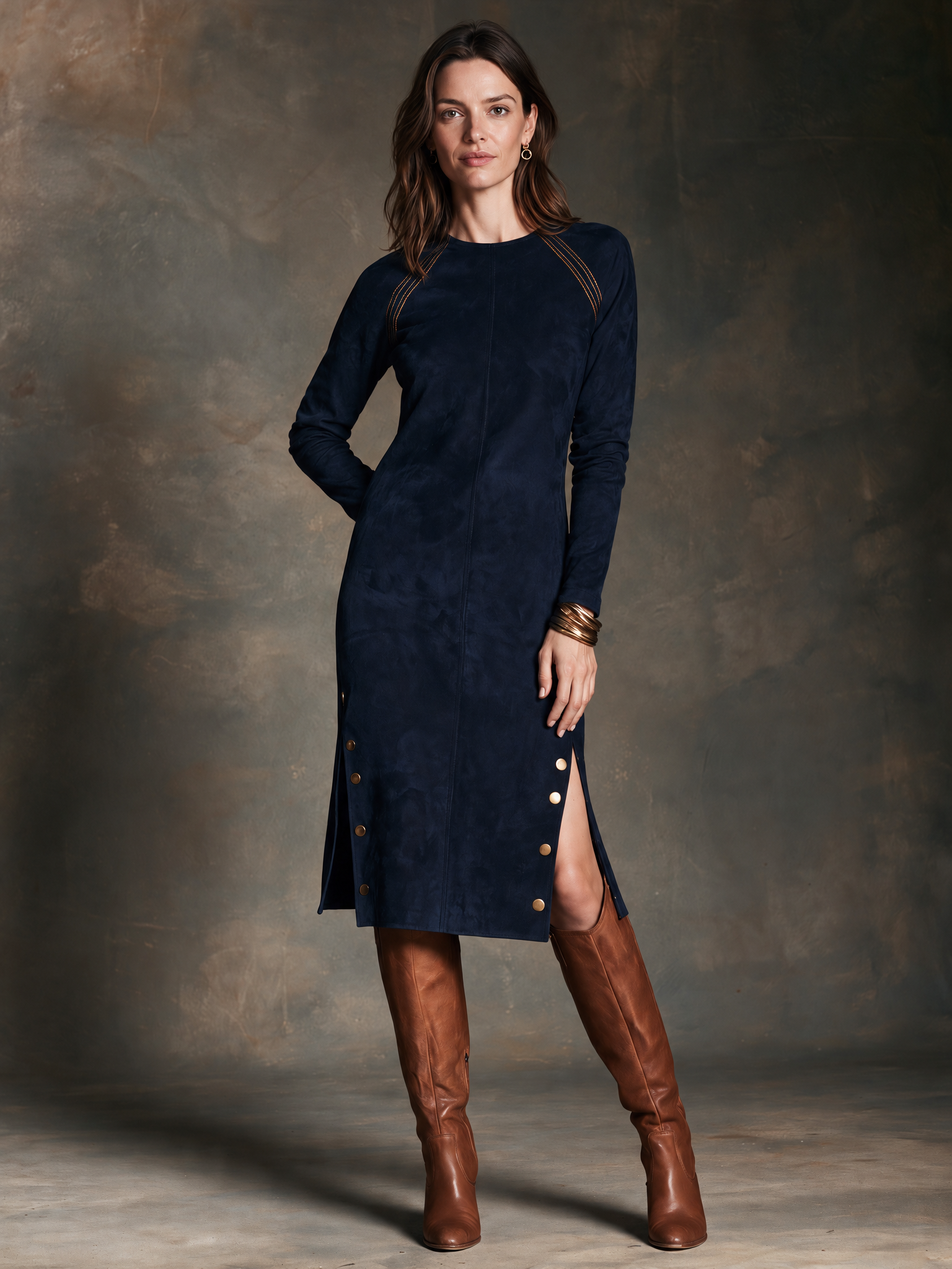 Women’s Vintage-Style Suede Dress With Metal Buckle And Side Slit
