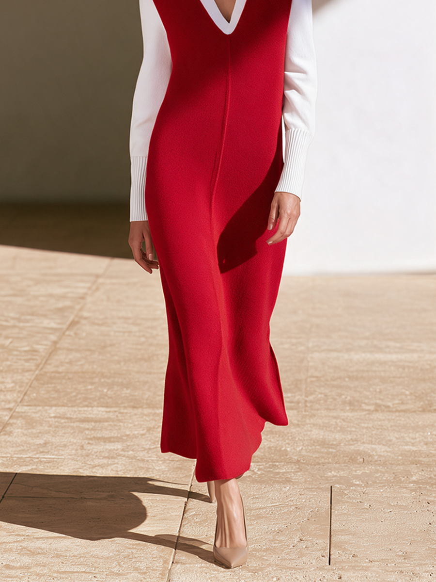 Women's Slim Contrast Sleeve Midi Dress