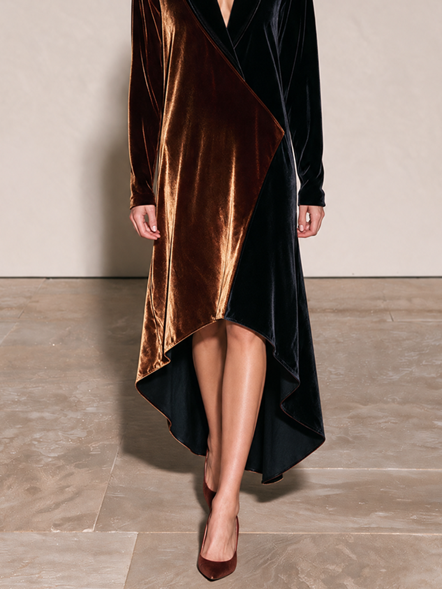 Women's Shawl Collar Color Block Dress