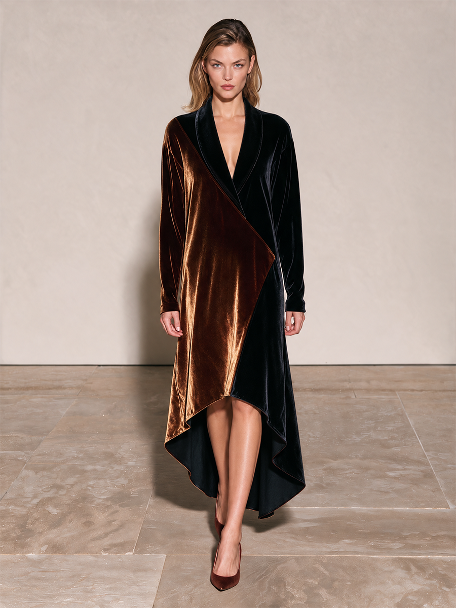 Women's Shawl Collar Color Block Dress