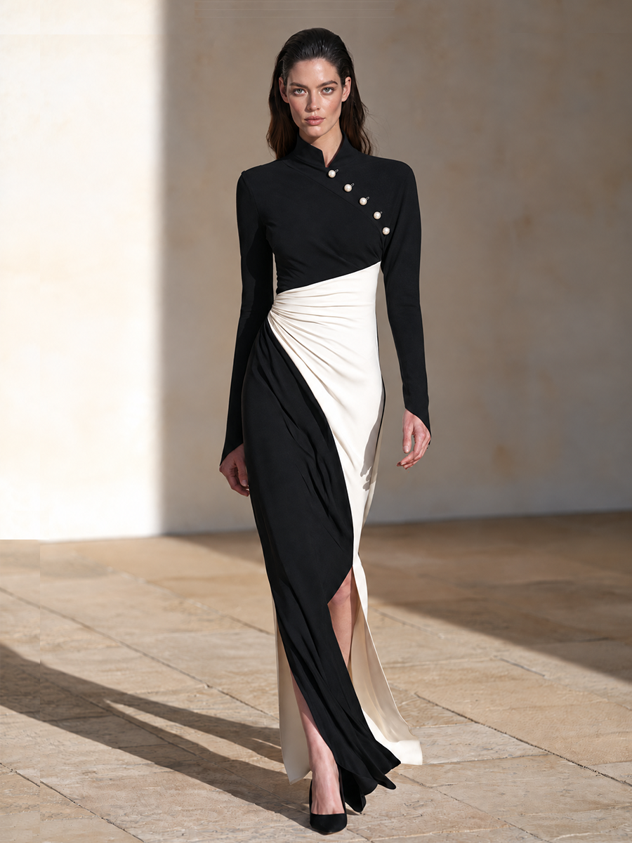 Women's Button Detail Stand Collar Slit Gown