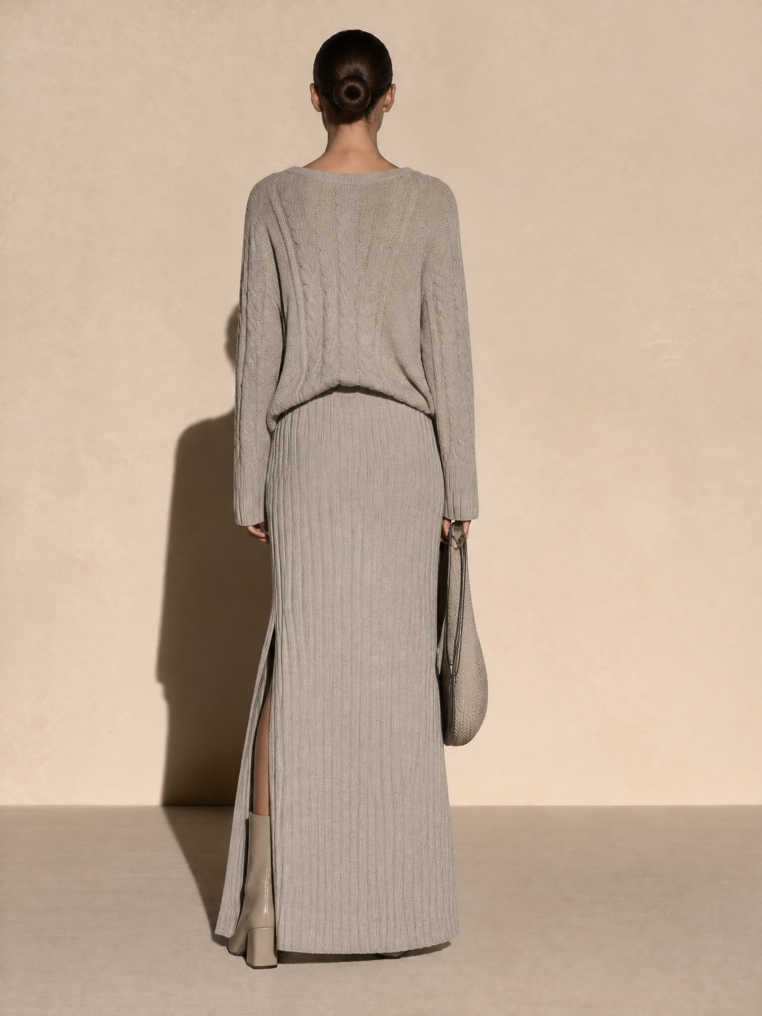 Women's Cable-Knit V-Neck Sweater and Ribbed Maxi Skirt Set