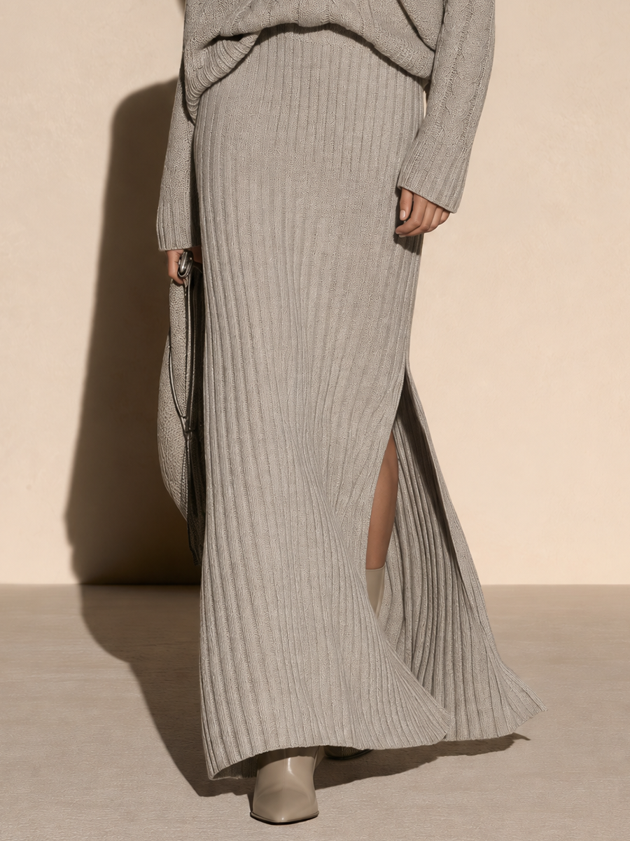 Women's Cable-Knit V-Neck Sweater and Ribbed Maxi Skirt Set
