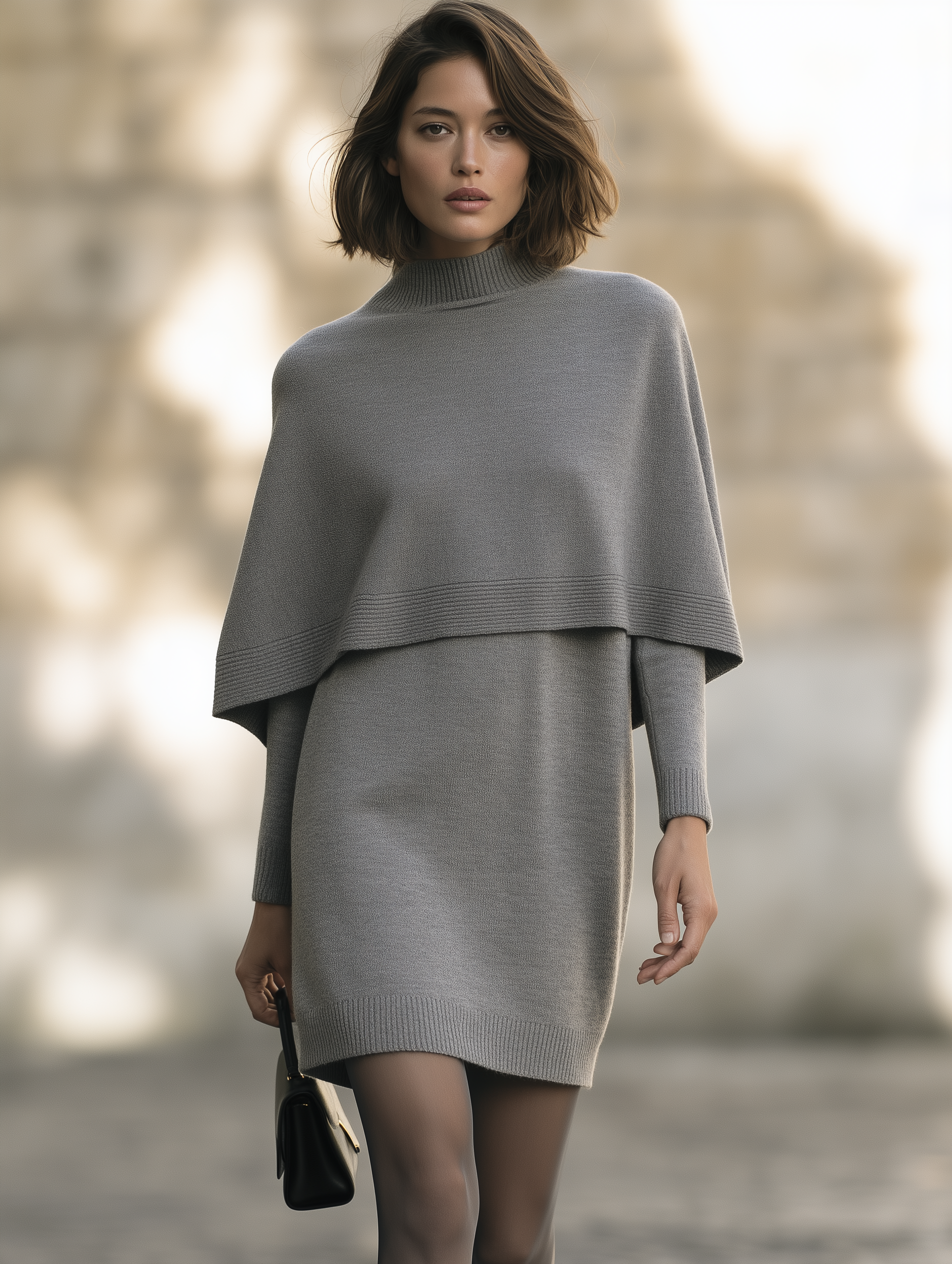Women’s Elegant Cape-Style Faux-Two-Piece Mini Knit Dress