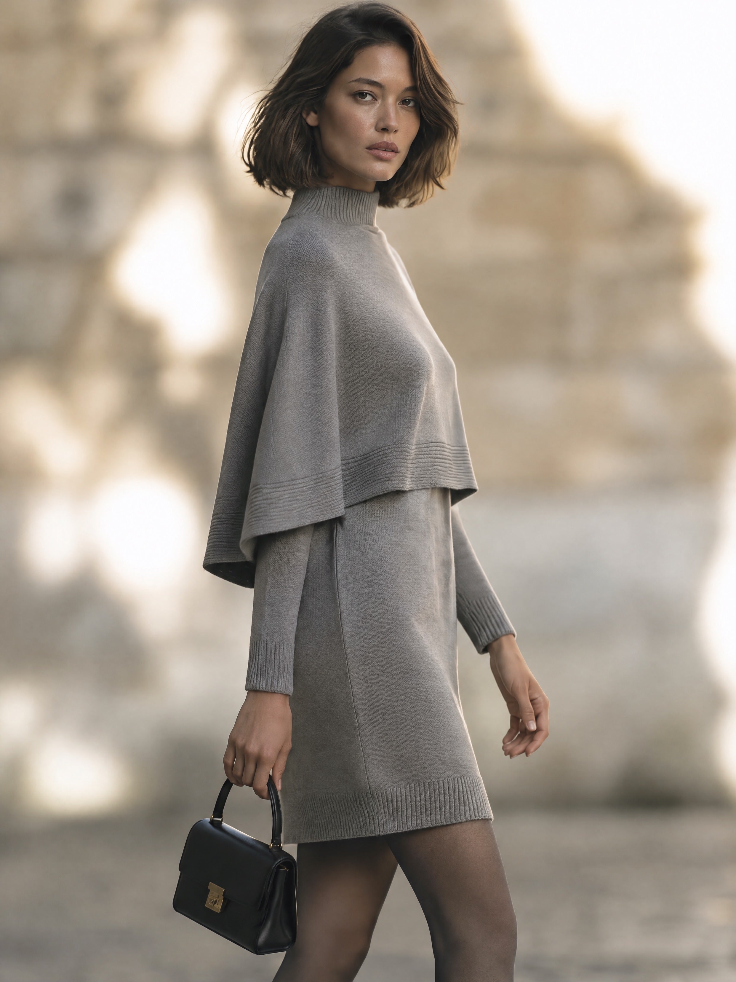 Women’s Elegant Cape-Style Faux-Two-Piece Mini Knit Dress