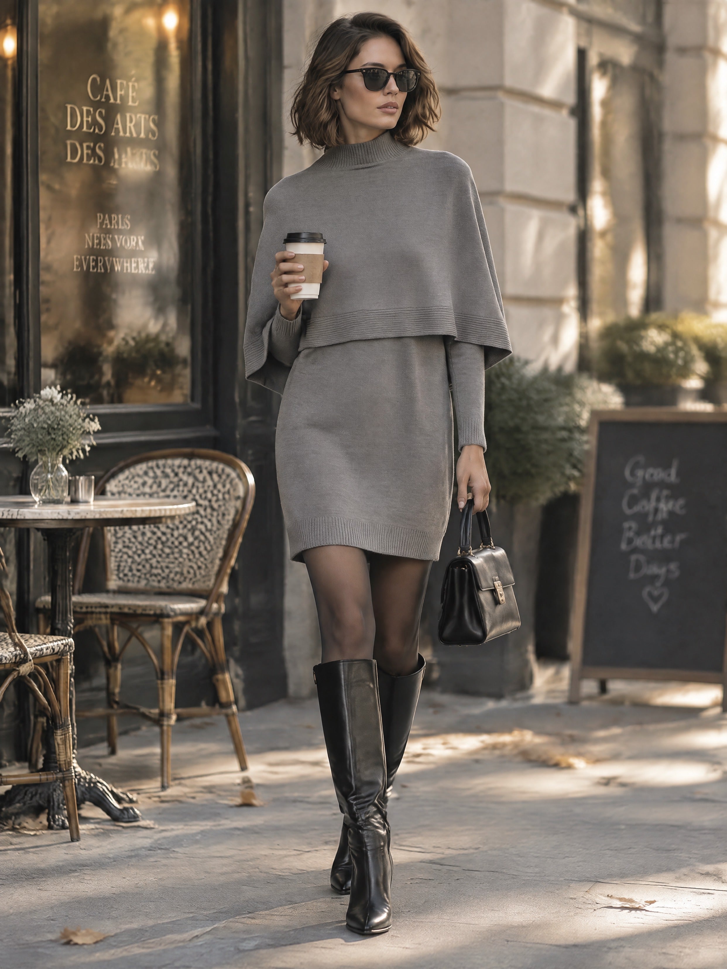 Women’s Elegant Cape-Style Faux-Two-Piece Mini Knit Dress
