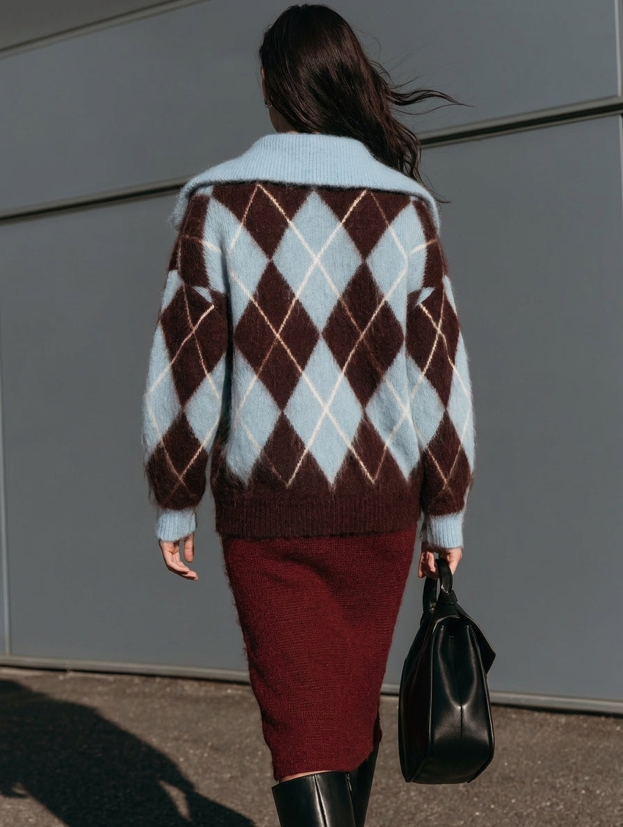 Women’s Elegant Blue Plaid Mohair-blend Long-sleeve Sweater