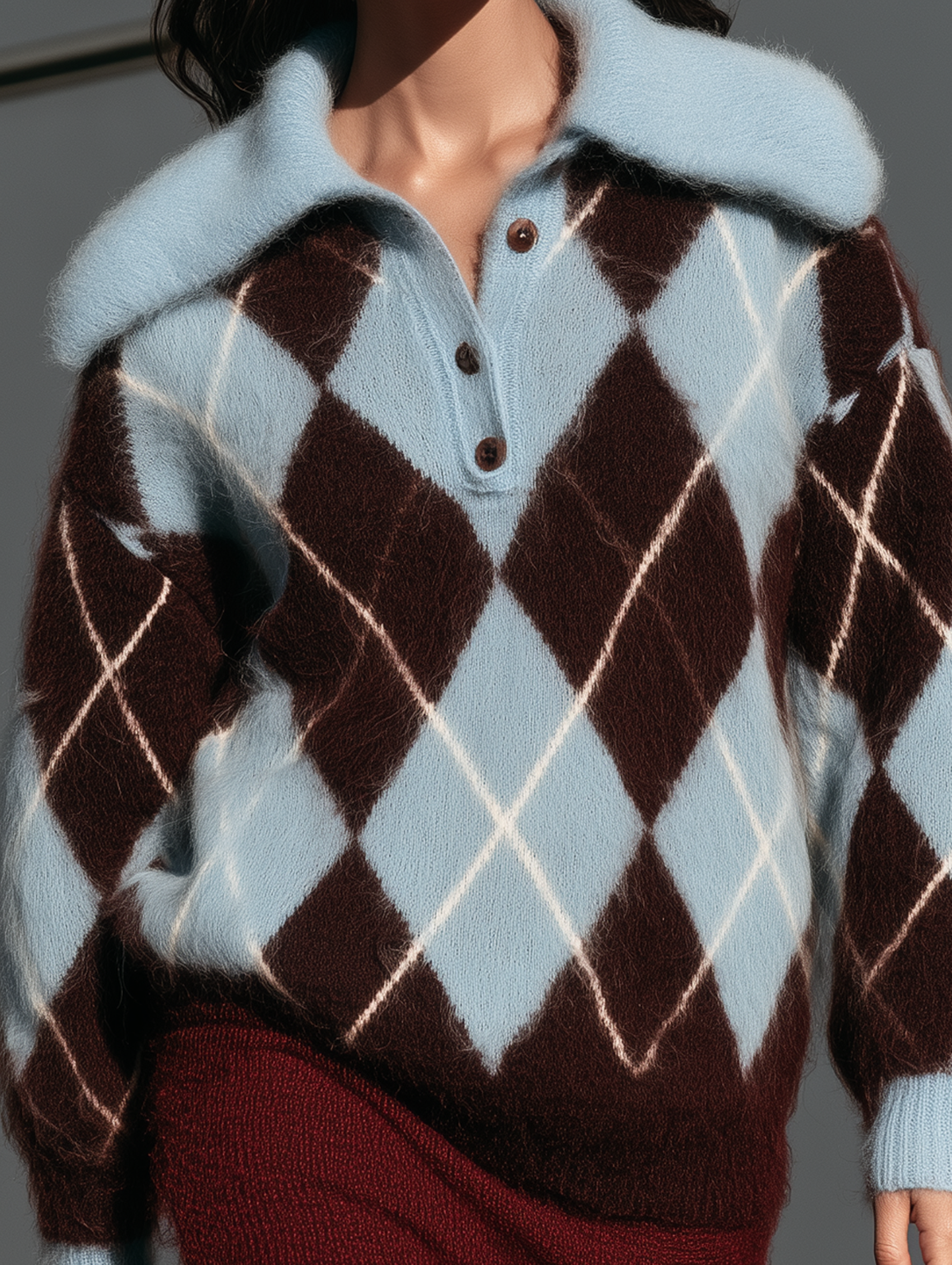 Women’s Elegant Blue Plaid Mohair-blend Long-sleeve Sweater