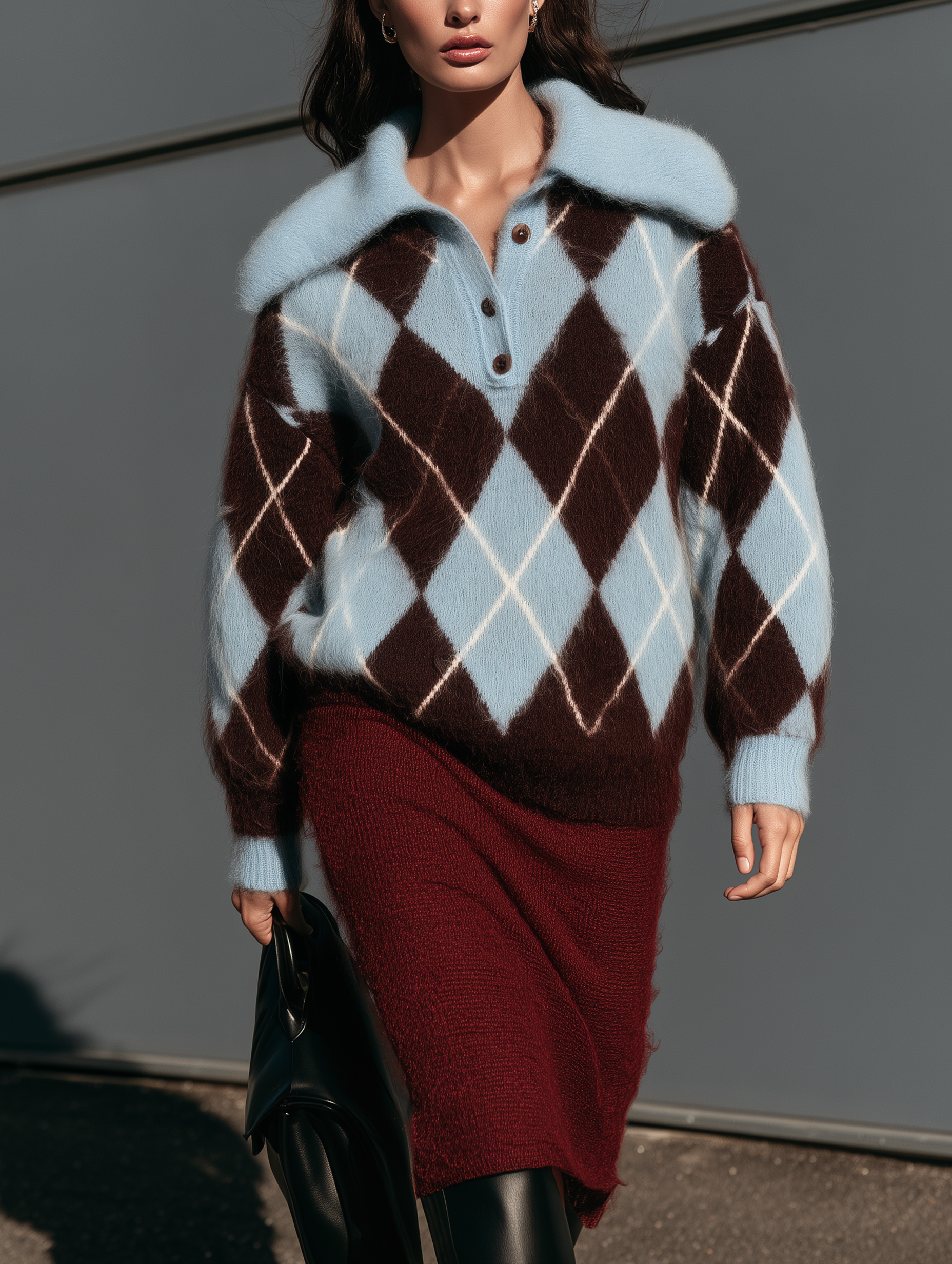 Women’s Elegant Blue Plaid Mohair-blend Long-sleeve Sweater