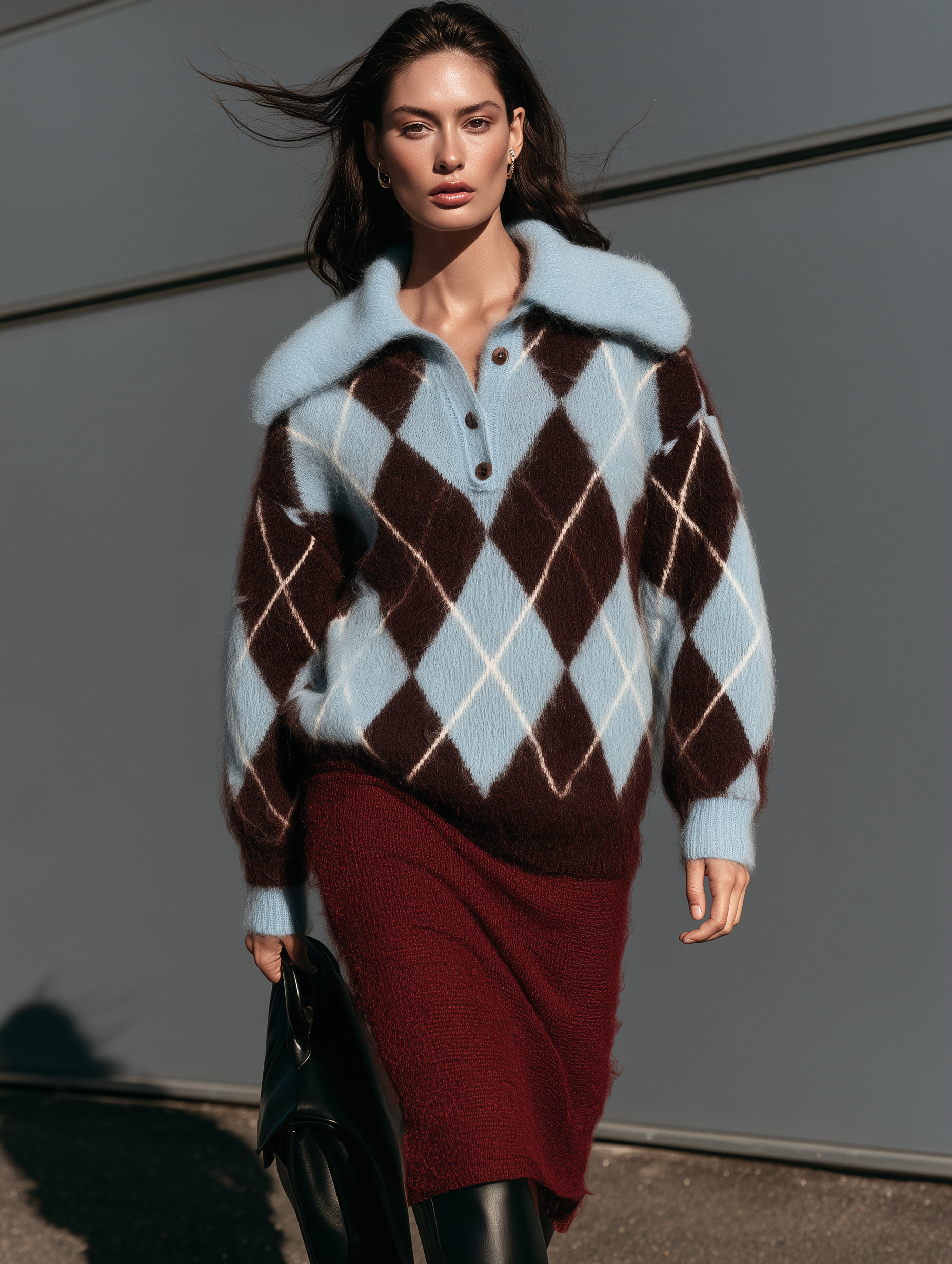 Women’s Elegant Blue Plaid Mohair-blend Long-sleeve Sweater