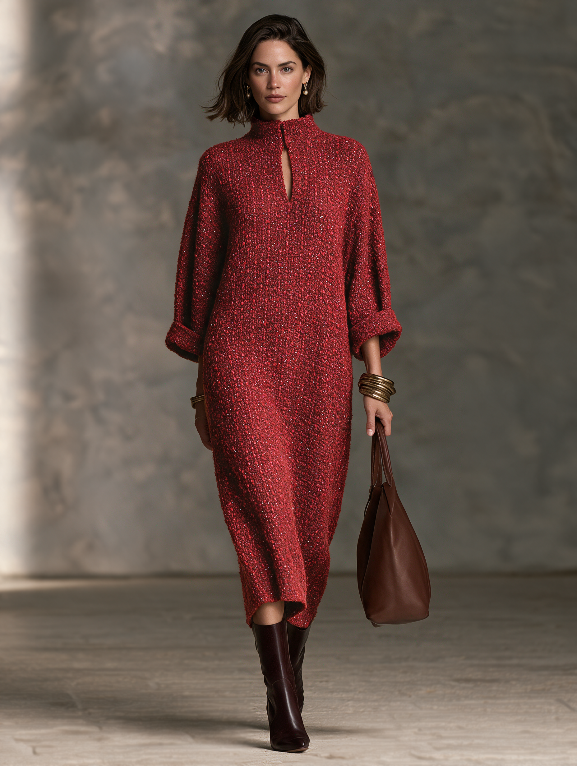 Women’s Elegant Tweed Midi Dress With Mock Neck
