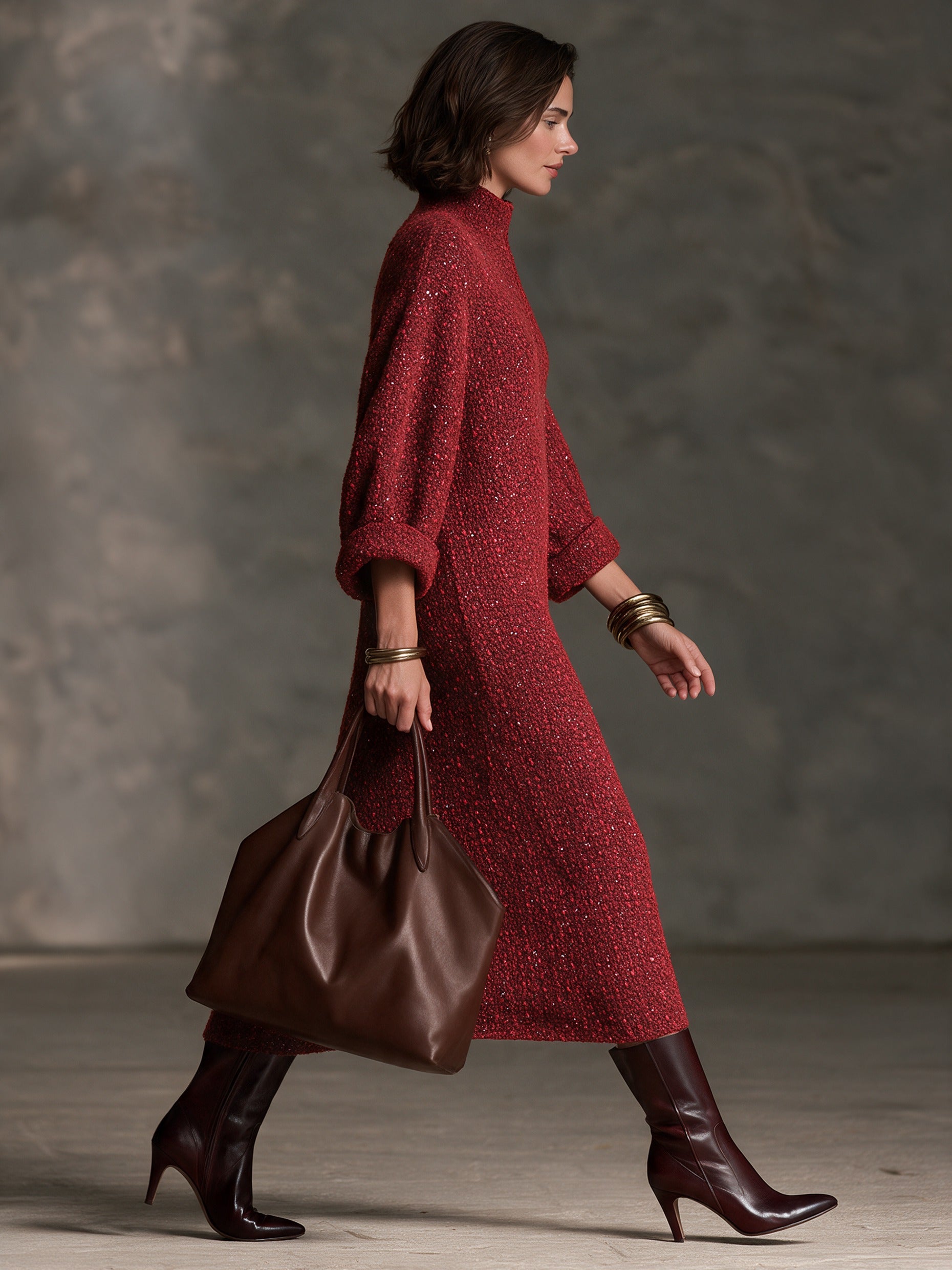 Women’s Elegant Tweed Midi Dress With Mock Neck