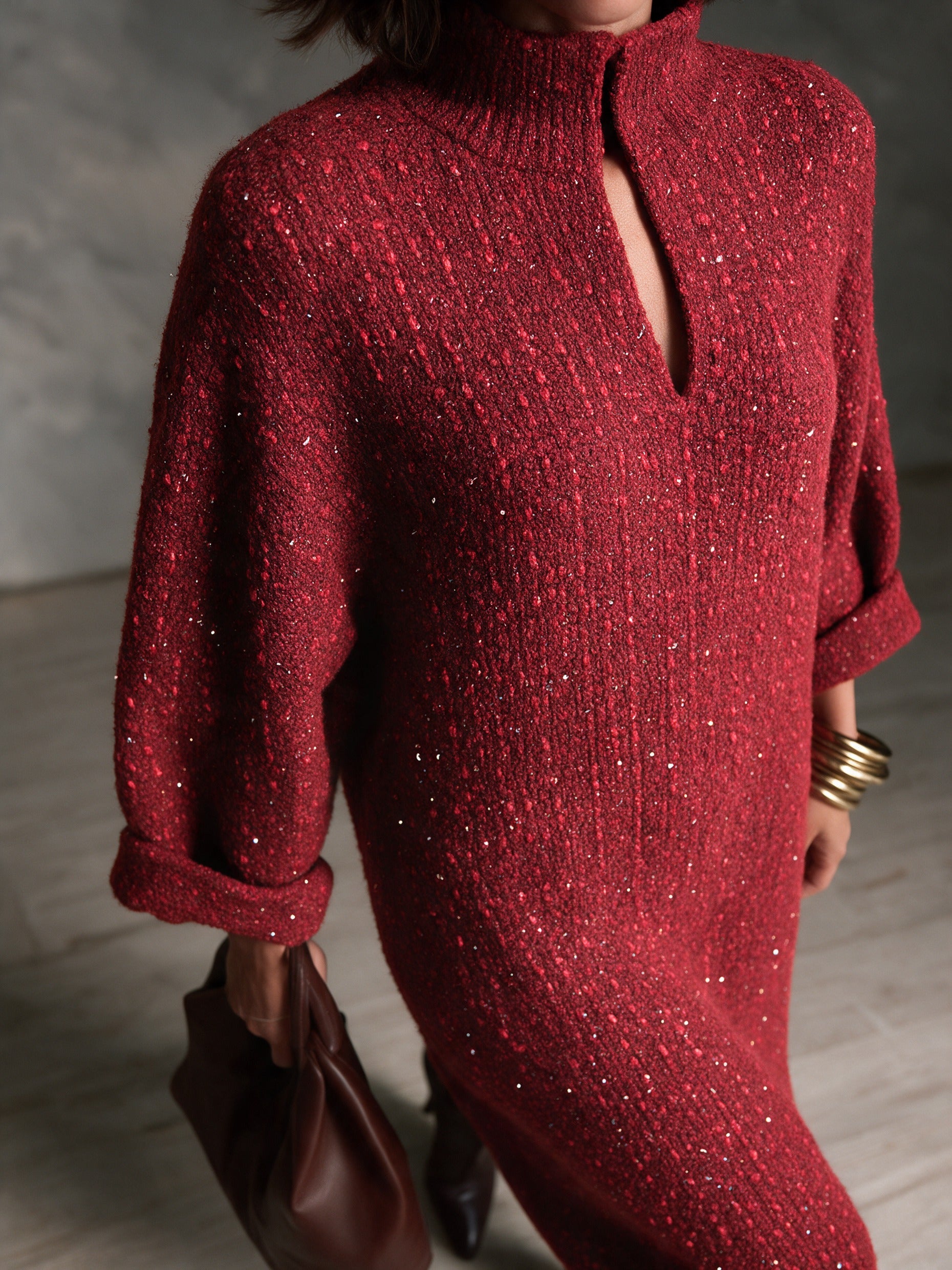 Women’s Elegant Tweed Midi Dress With Mock Neck