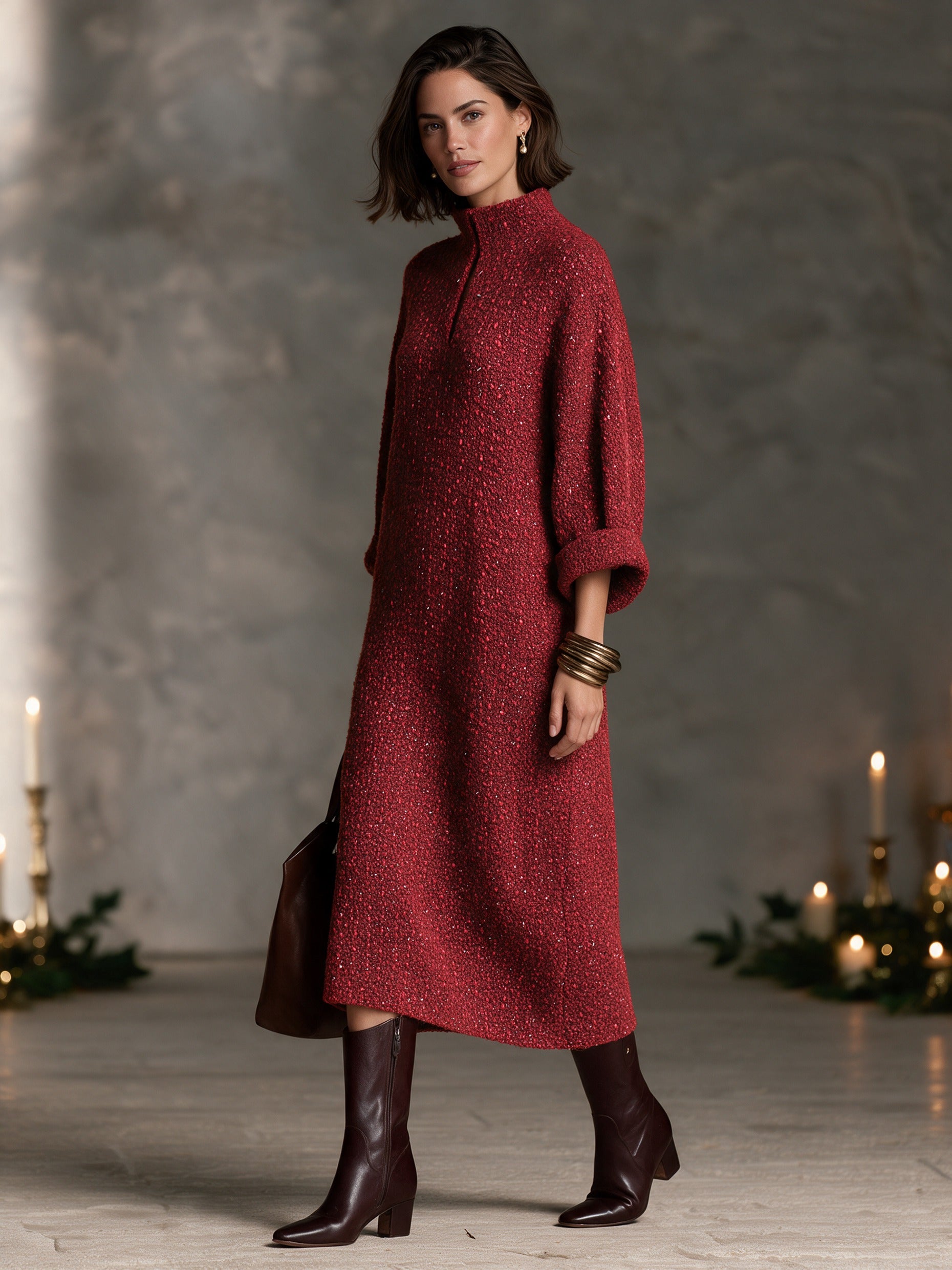 Women’s Elegant Tweed Midi Dress With Mock Neck