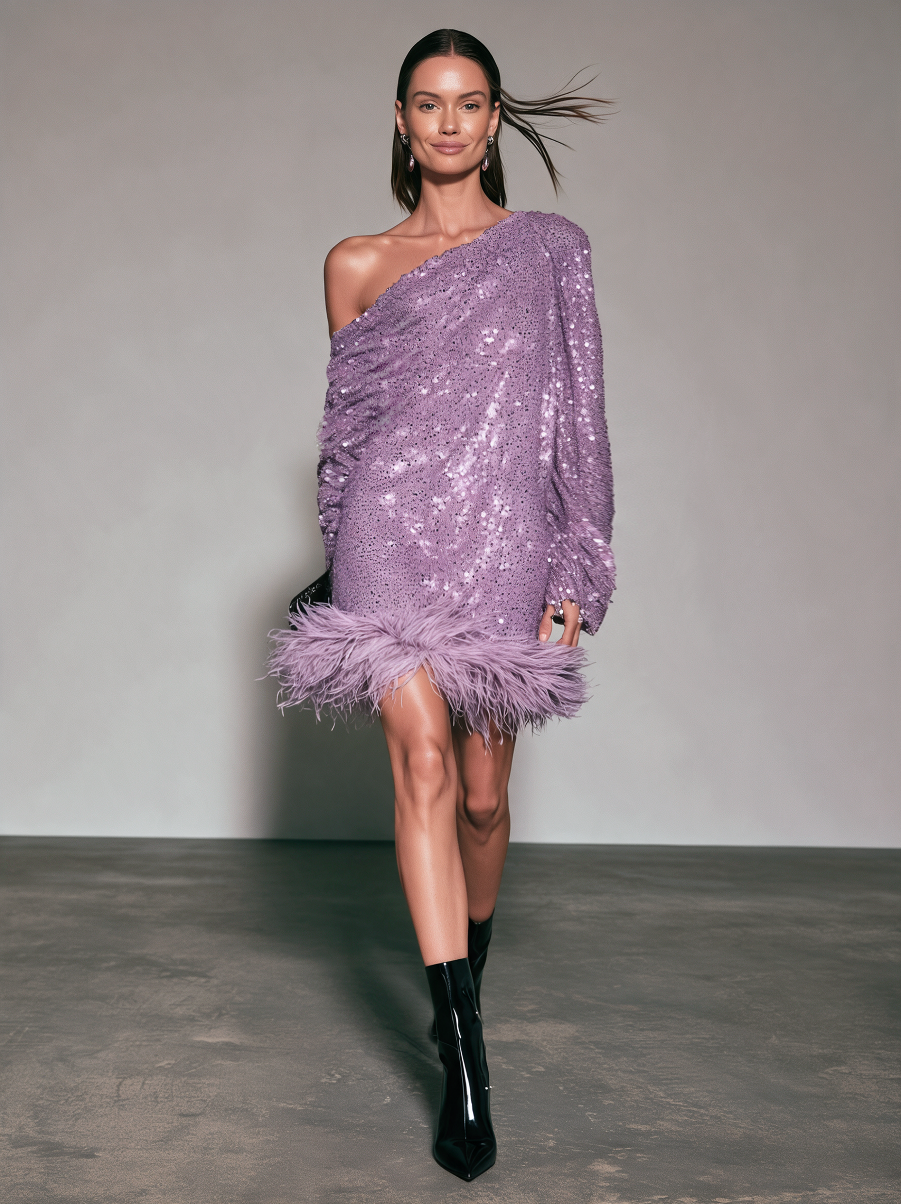 Women’s Elegant Light Purple Long-sleeved Sequin Mini Dress