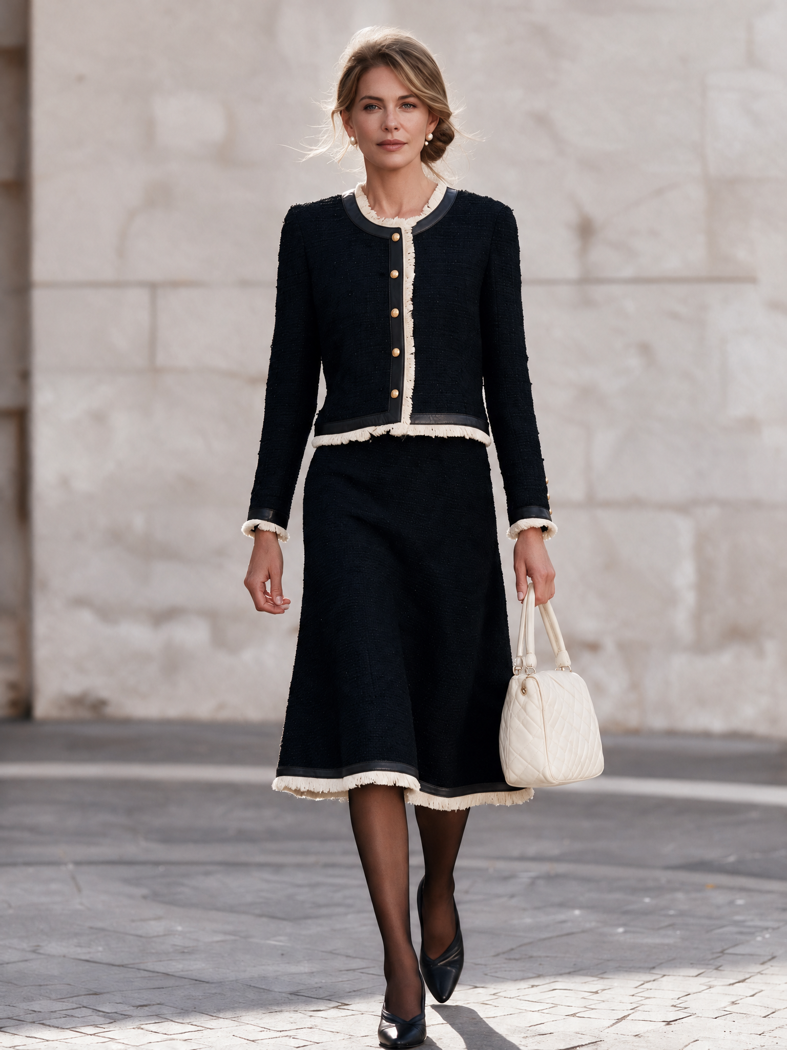 Women’s Elegant Tweed Set With Leather Trim And Frayed Edges