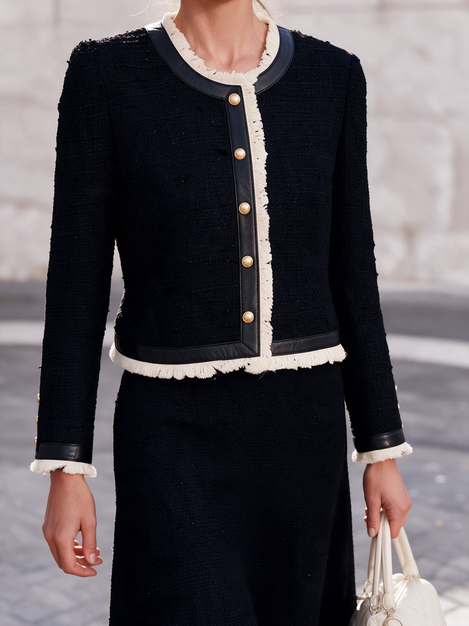 Women’s Elegant Tweed Set With Leather Trim And Frayed Edges