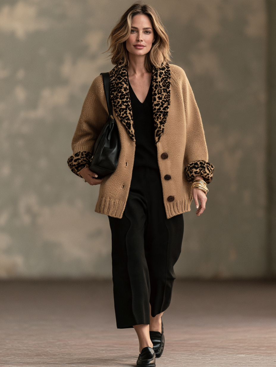 Women’s Elegant Khaki Leopard-Print Long-Sleeve Knitted Cardigan