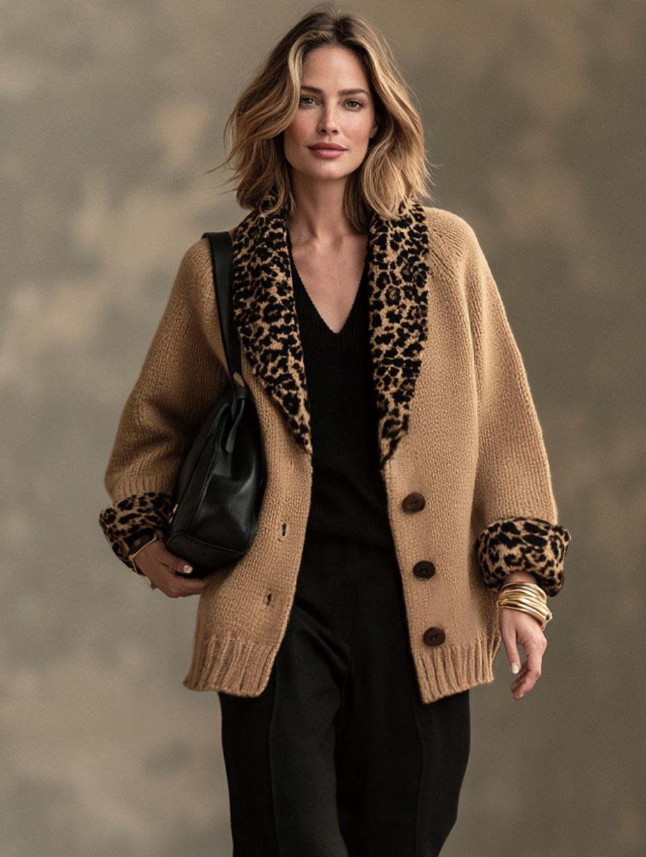 Women’s Elegant Khaki Leopard-Print Long-Sleeve Knitted Cardigan