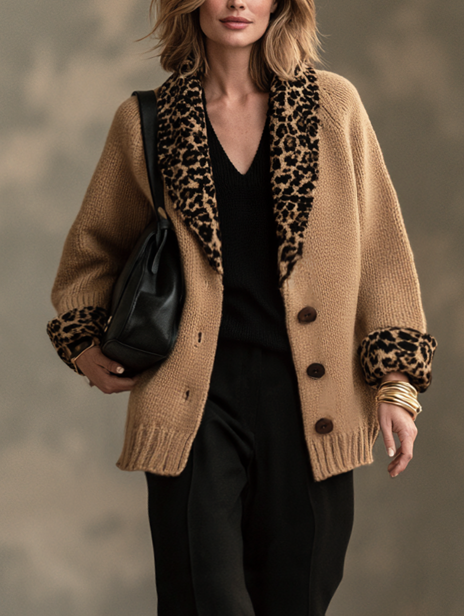 Women’s Elegant Khaki Leopard-Print Long-Sleeve Knitted Cardigan