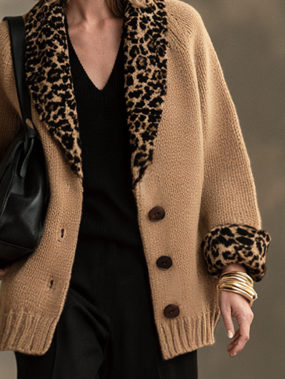 Women’s Elegant Khaki Leopard-Print Long-Sleeve Knitted Cardigan