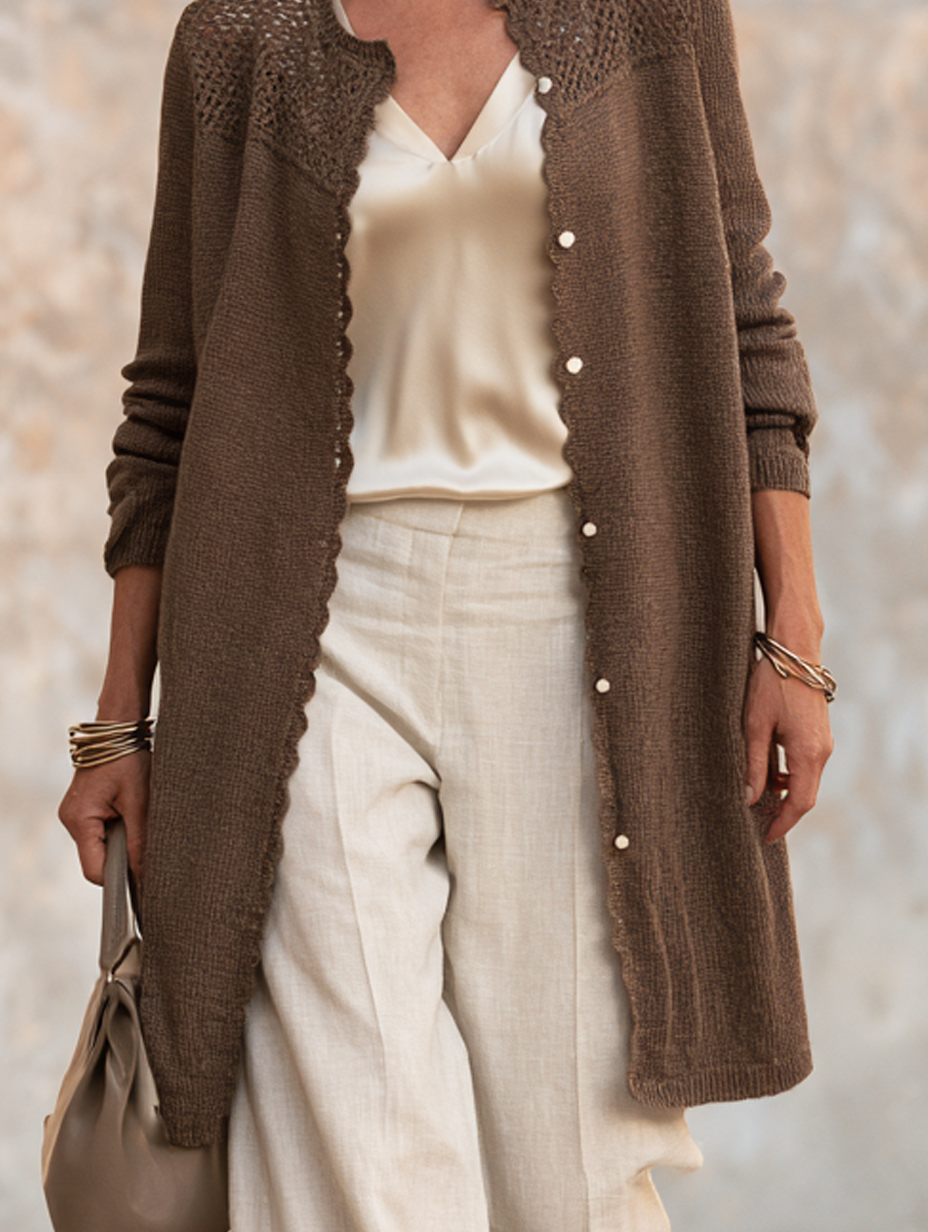 Women’s Elegant Dark Brown Long-sleeved Knit Cardigan