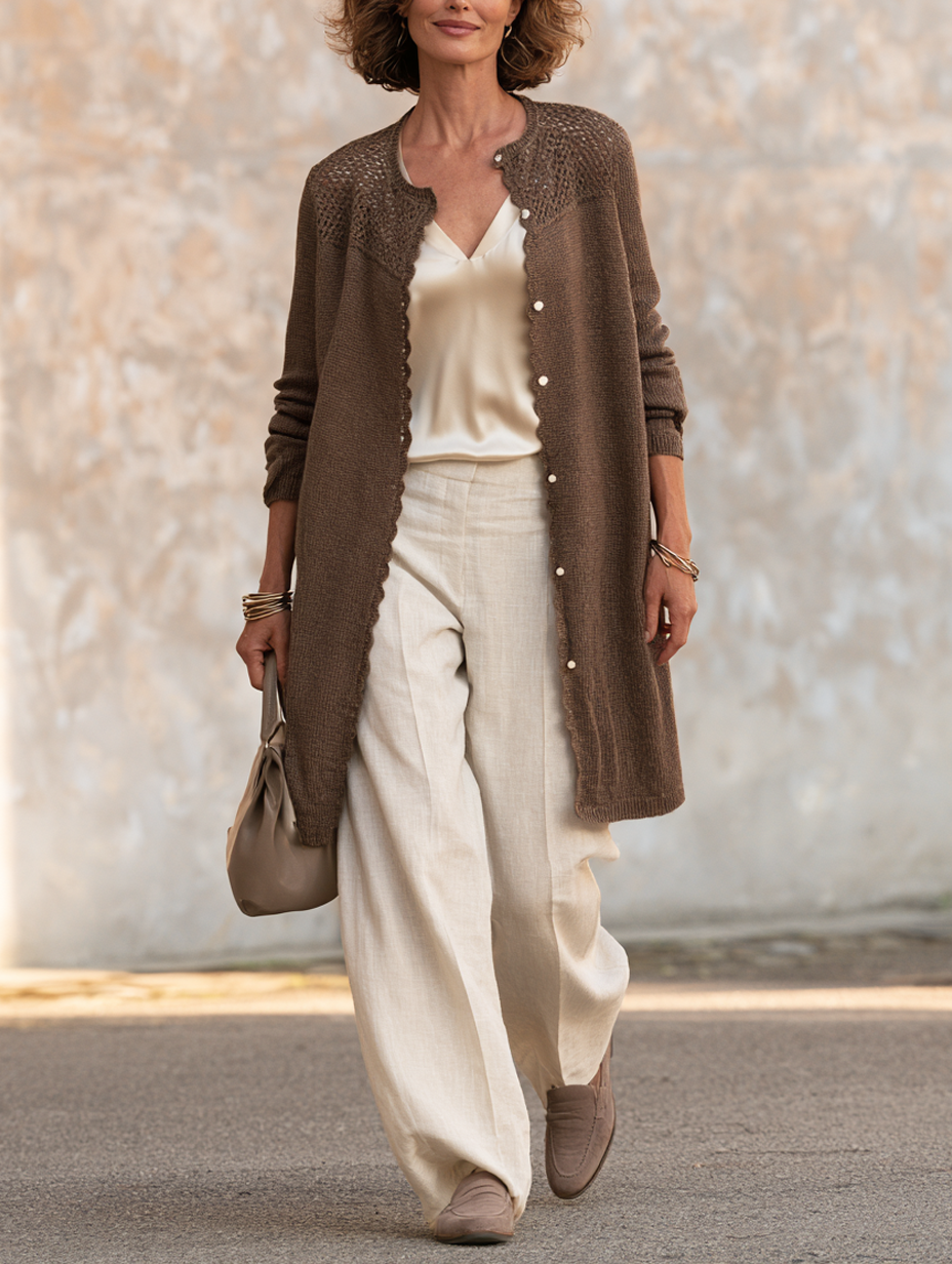 Women’s Elegant Dark Brown Long-sleeved Knit Cardigan