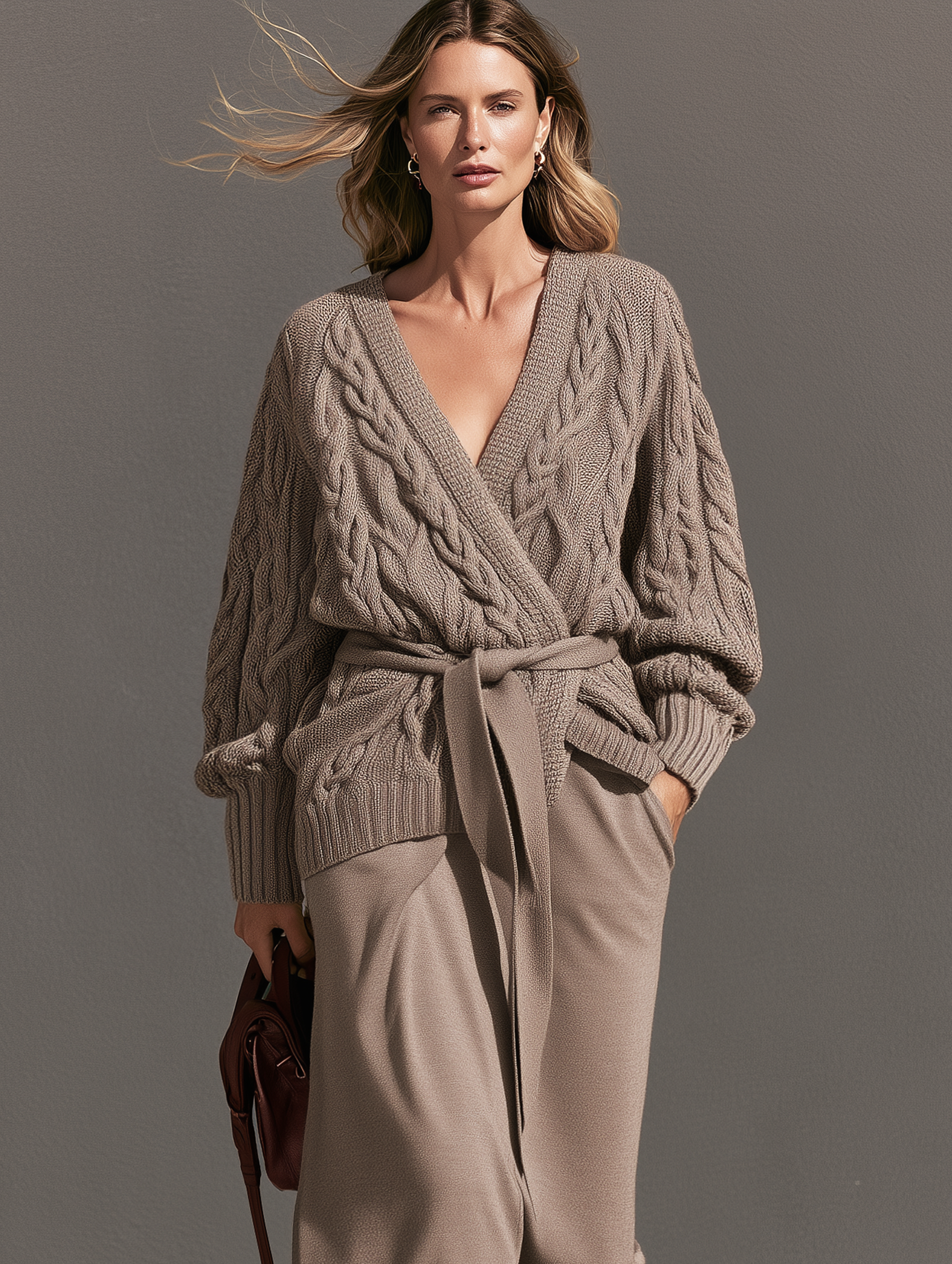 Women’s Elegant Brown Knitted Long-Sleeve Cardigan