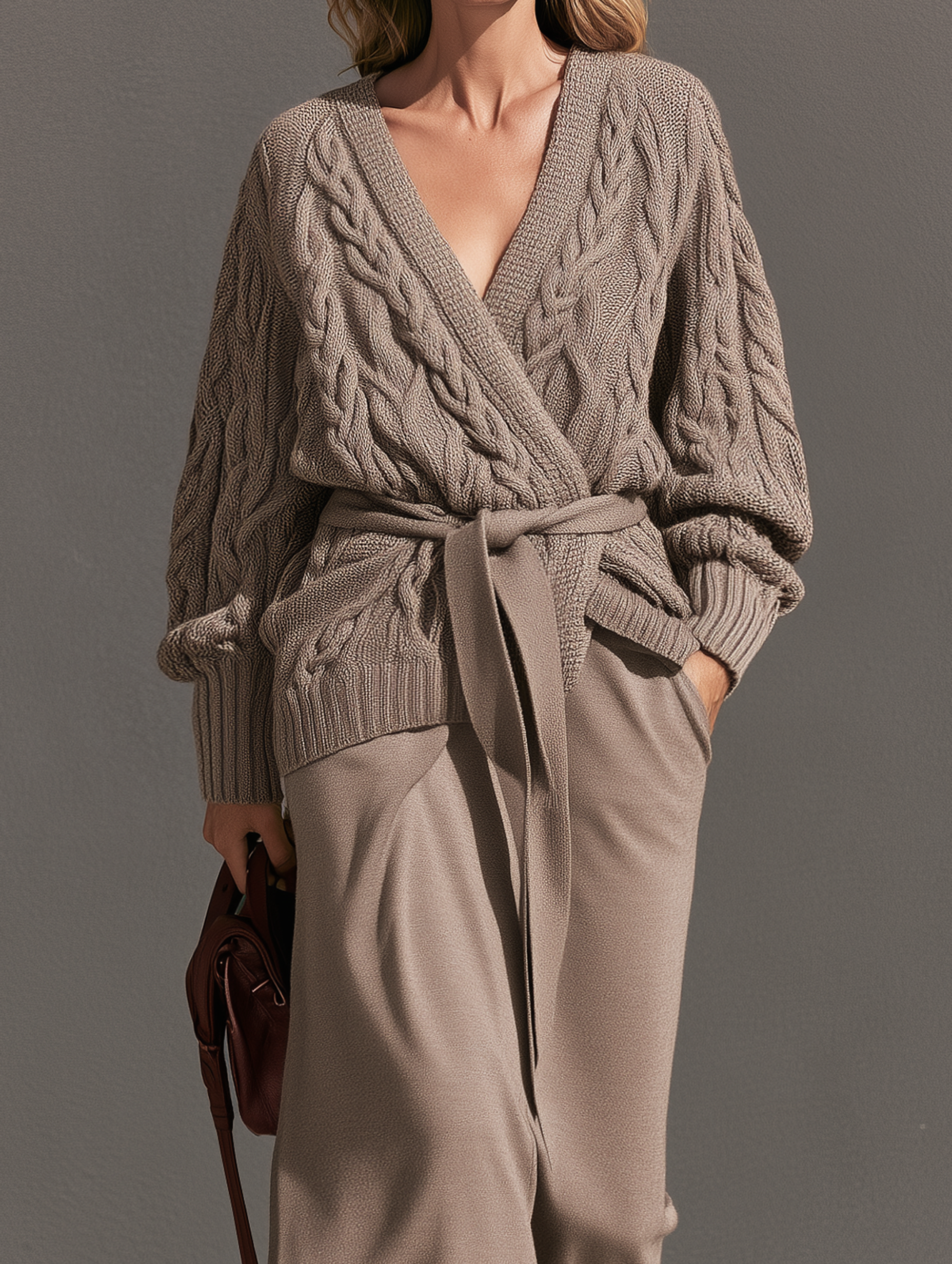 Women’s Elegant Brown Knitted Long-Sleeve Cardigan