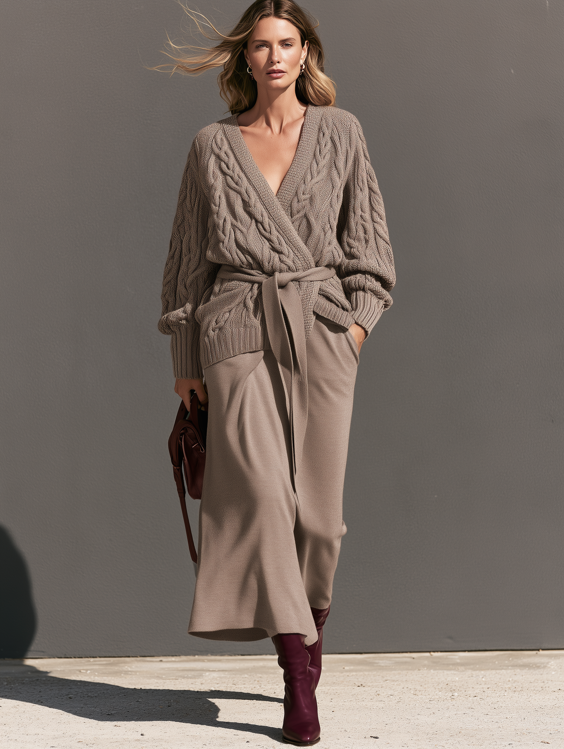Women’s Elegant Brown Knitted Long-Sleeve Cardigan