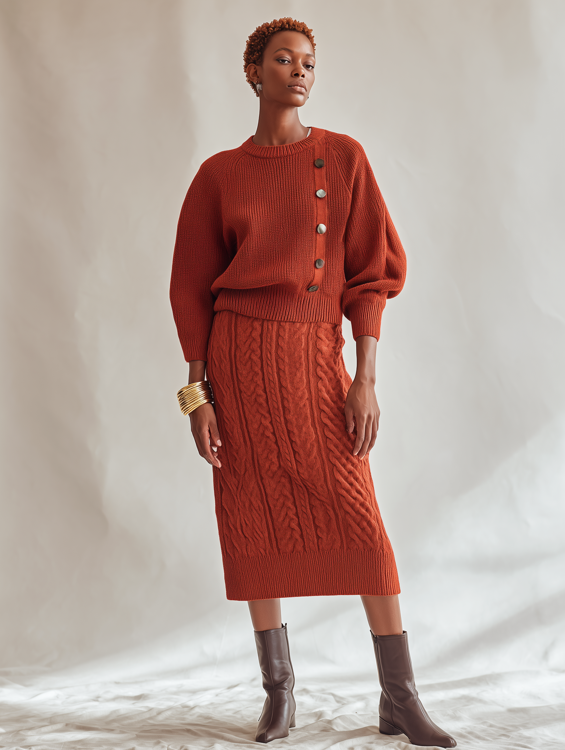 Women’s Elegant Orange-red Knitted Midi Skirt
