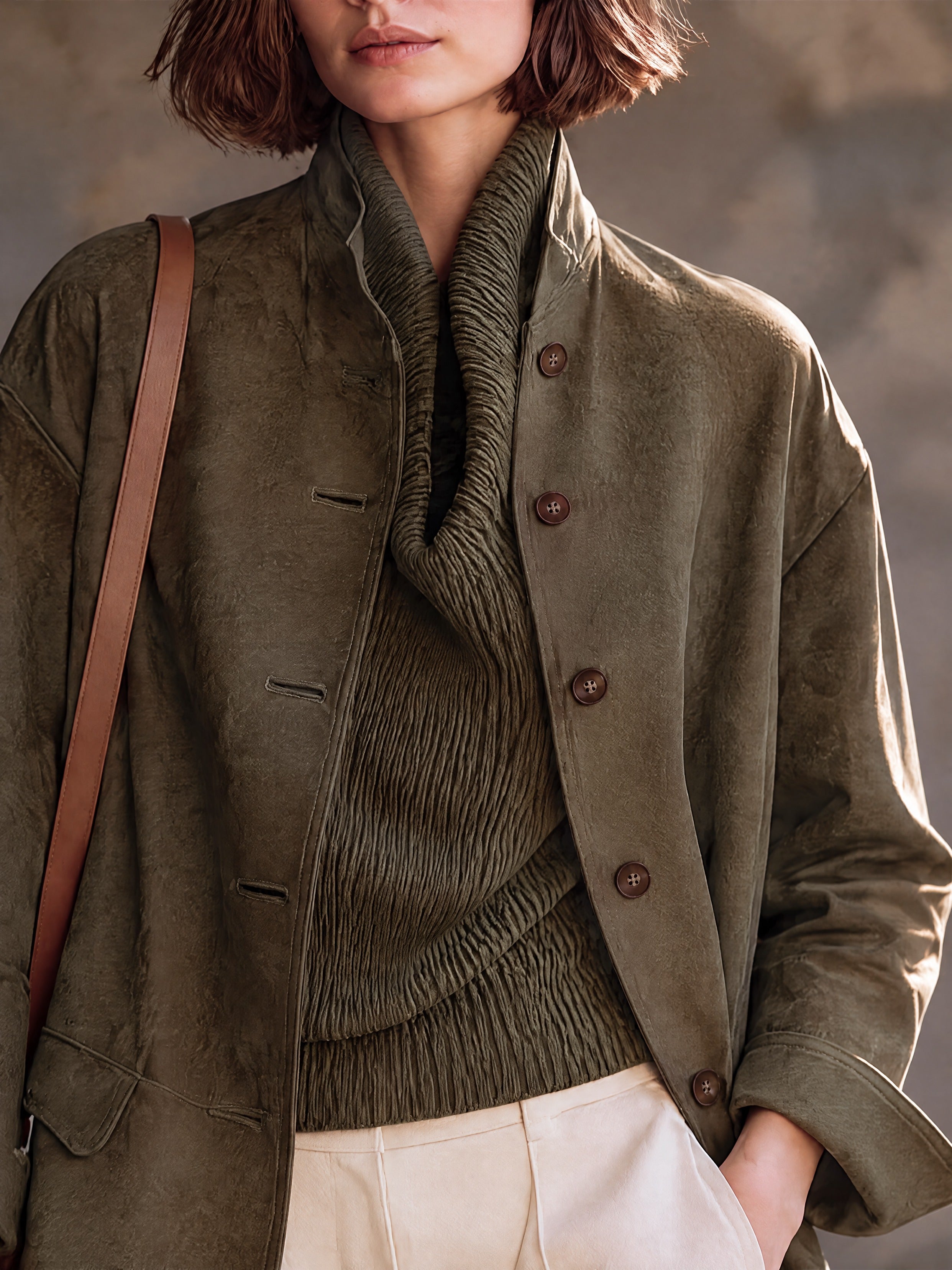 Women’s Casual Suede Jacket With Stand Collar And Single-Breasted Closure