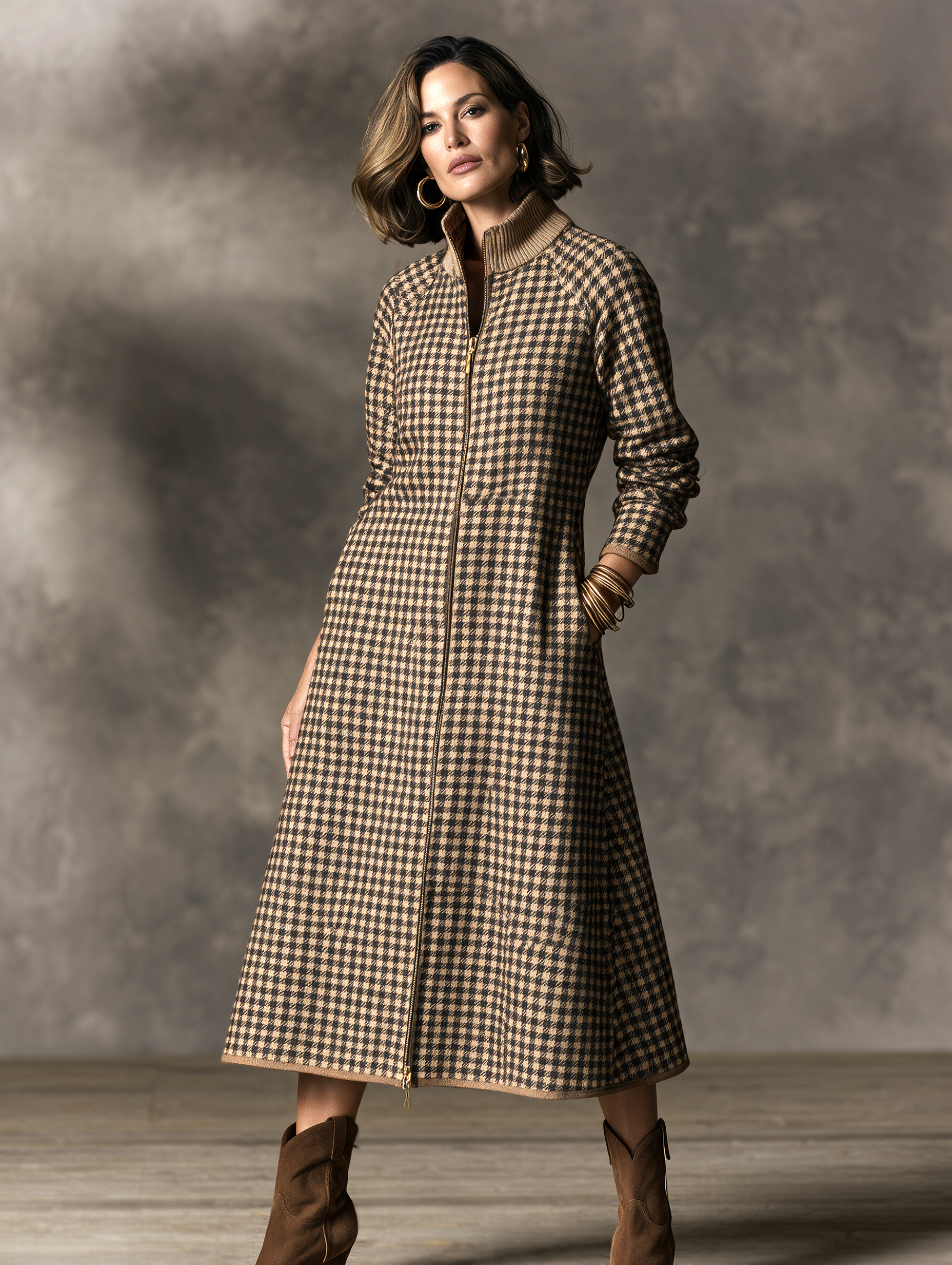 Women’s Elegant Stand-Collar Plaid Zip-Front Midi Dress