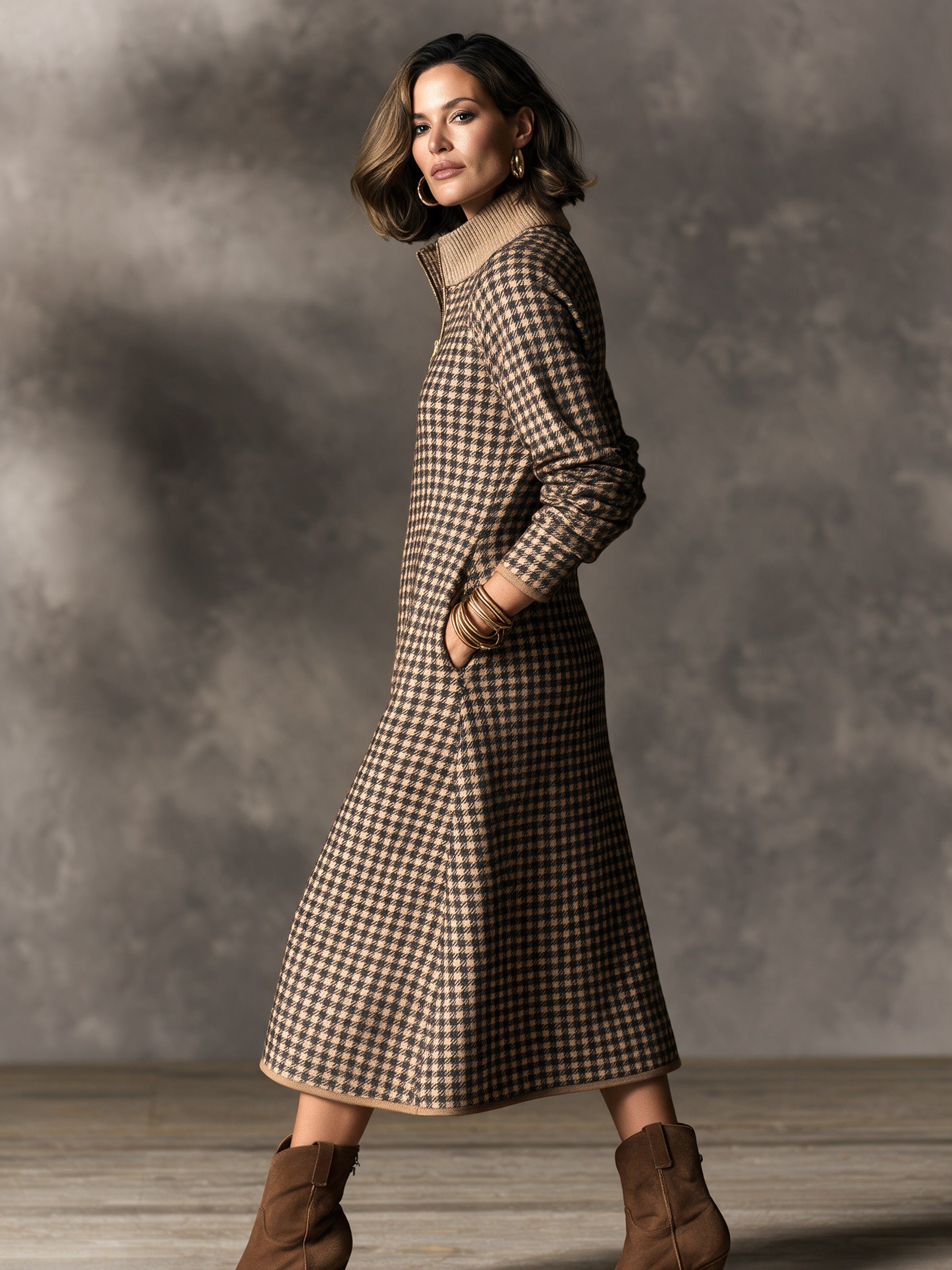 Women’s Elegant Stand-Collar Plaid Zip-Front Midi Dress