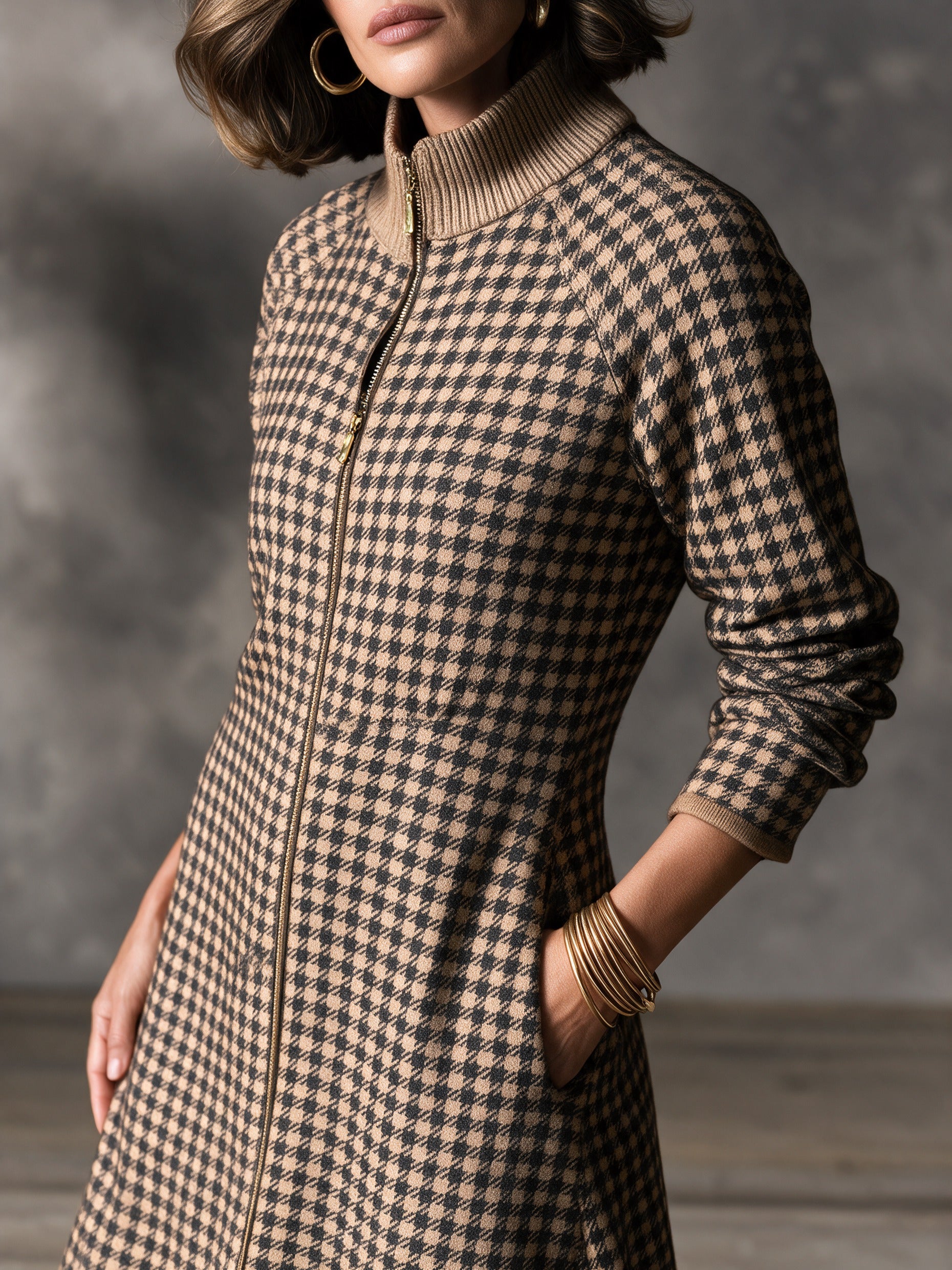 Women’s Elegant Stand-Collar Plaid Zip-Front Midi Dress