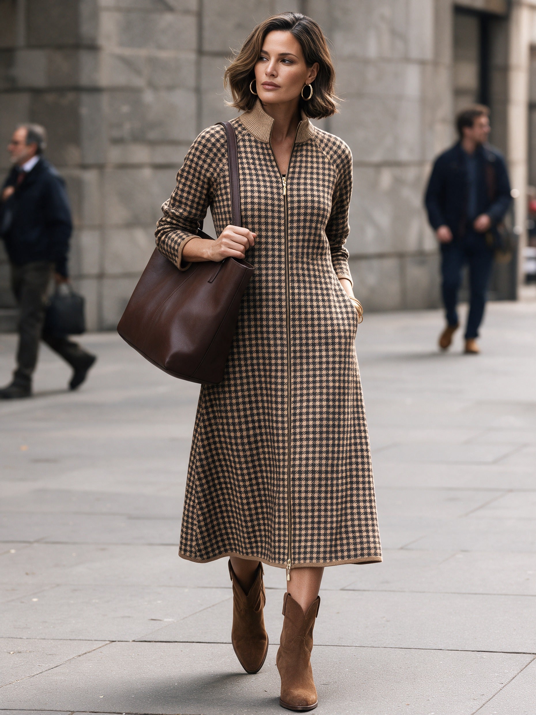 Women’s Elegant Stand-Collar Plaid Zip-Front Midi Dress