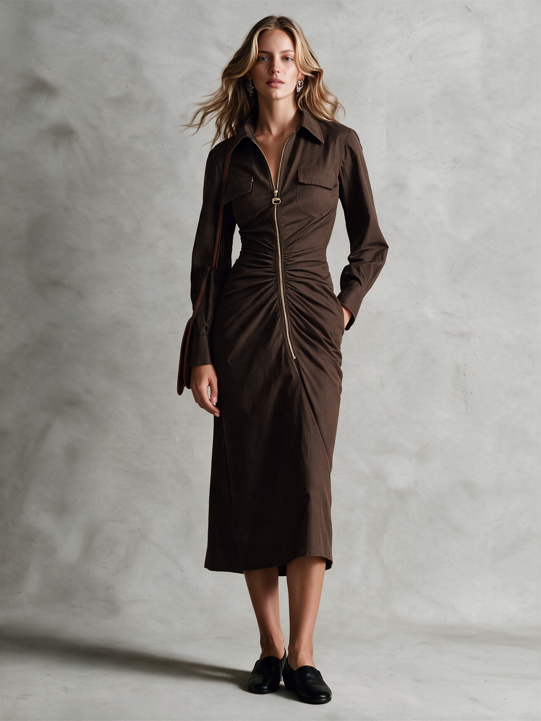 Women's Chocolate Brown Shirt Collar Front Zip Ruched Waist Long Sleeve Midi Dress With Flap Pockets