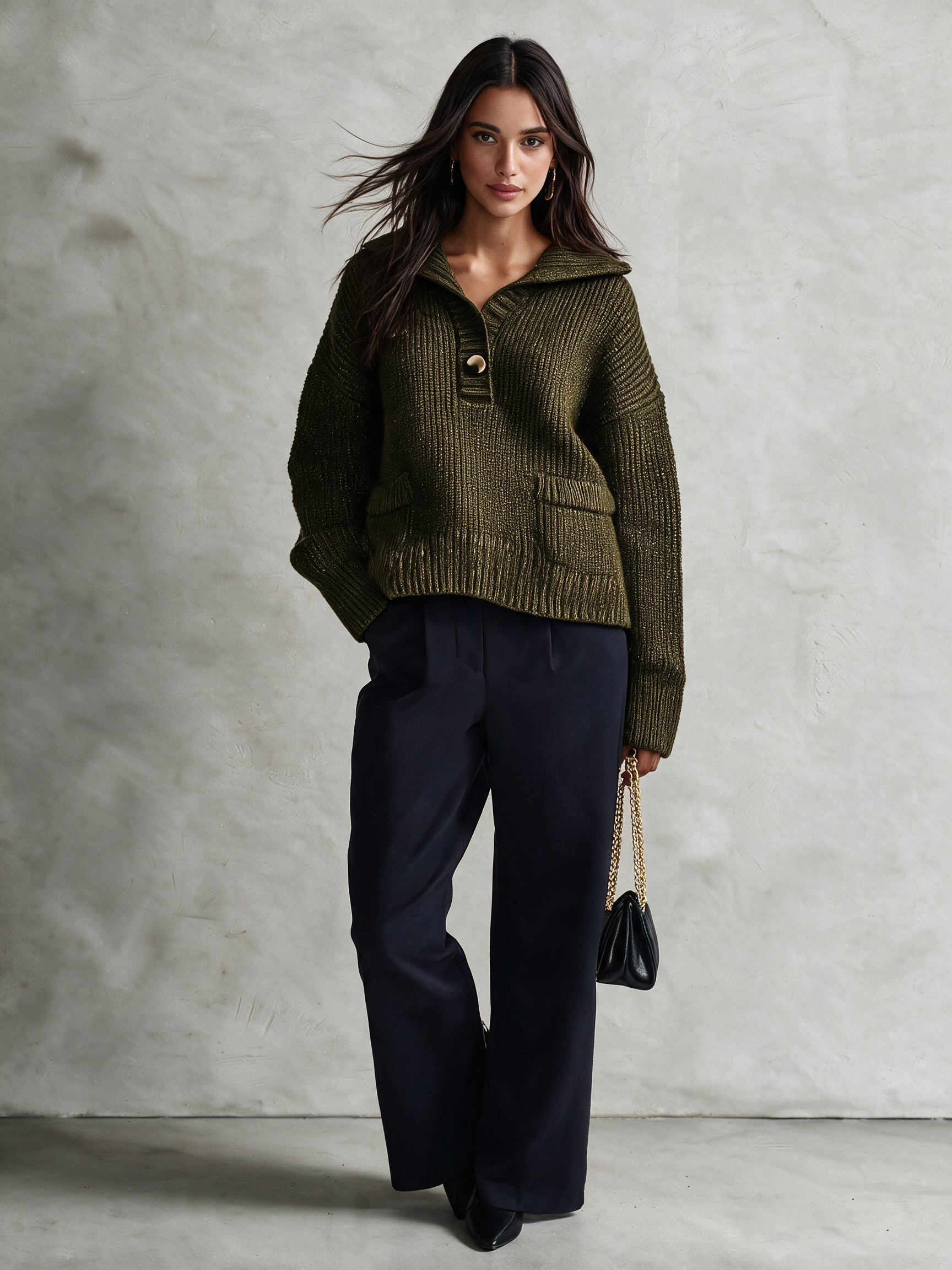 Women's Olive Green Wool Knit Wide Collar Half‑Button Ribbed Pullover Sweater With Patch Pockets