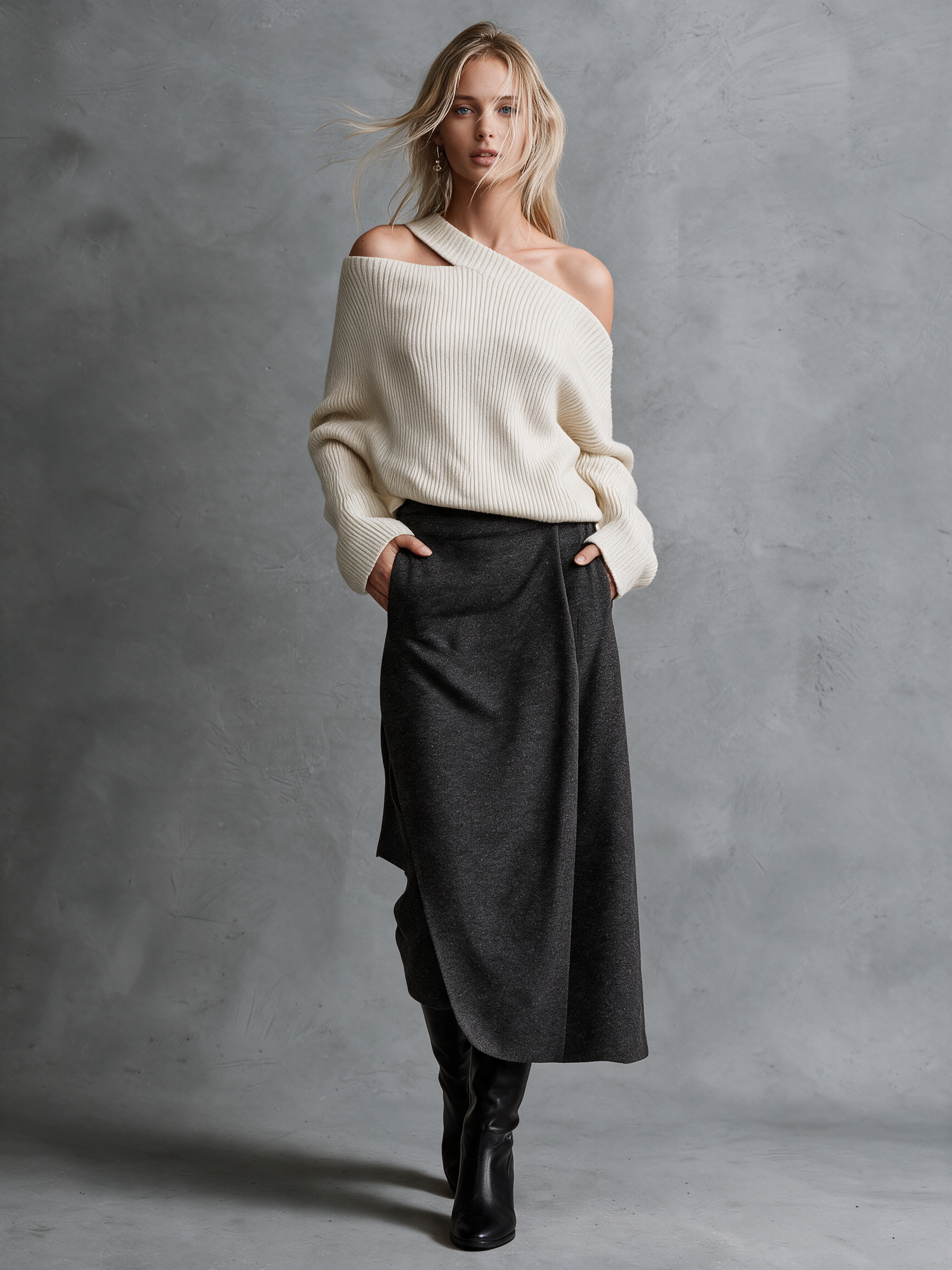 Women's Cream Wool Knit Cutout Off‑Shoulder Sweater & Charcoal Woolen Wrap Midi Skirt Two‑Piece Set