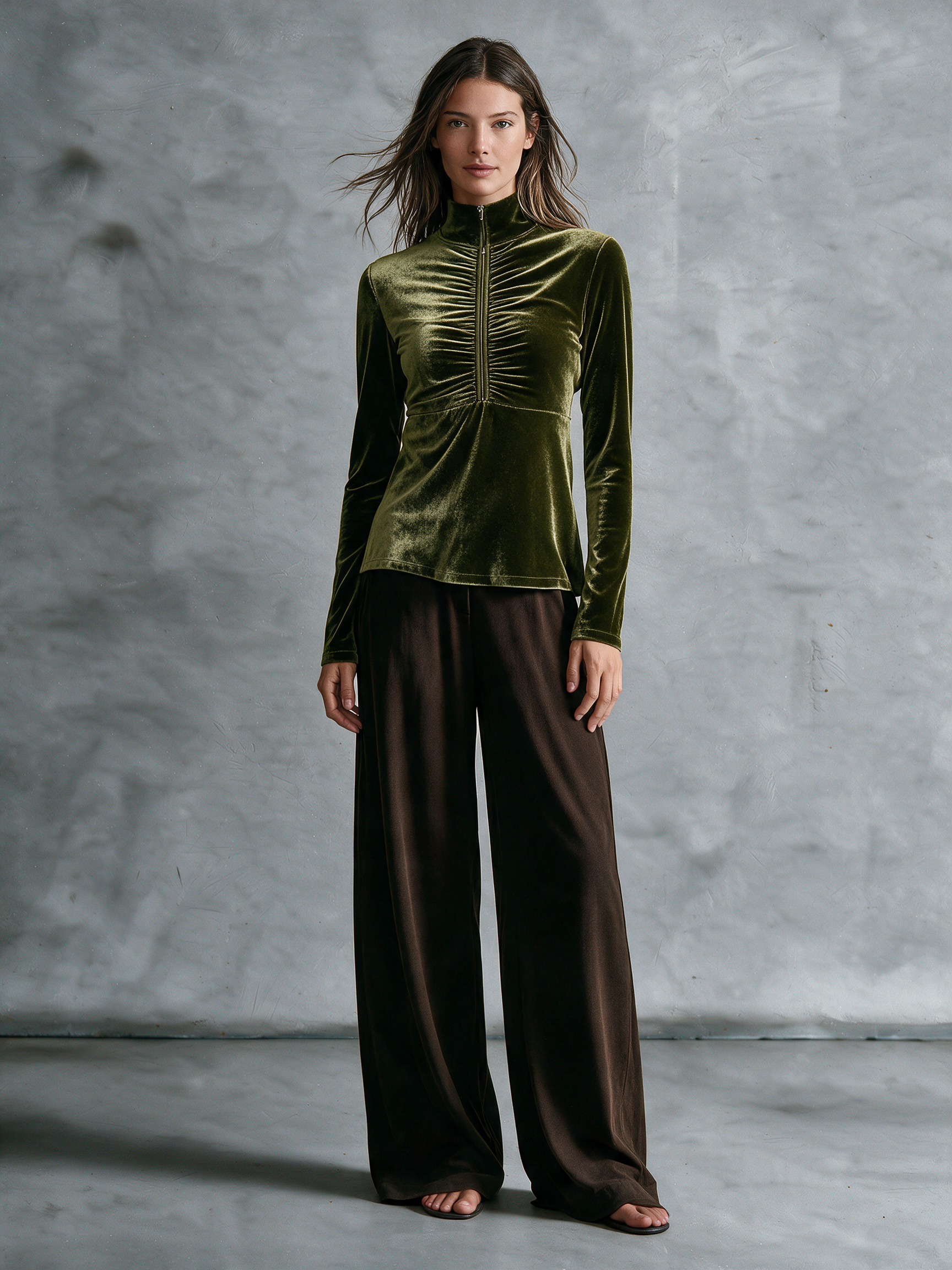 Women's Olive Green Velvet Half‑Zip Mock‑Neck Ruched Top & Brown Knit Wide‑Leg Pants Two‑Piece Set