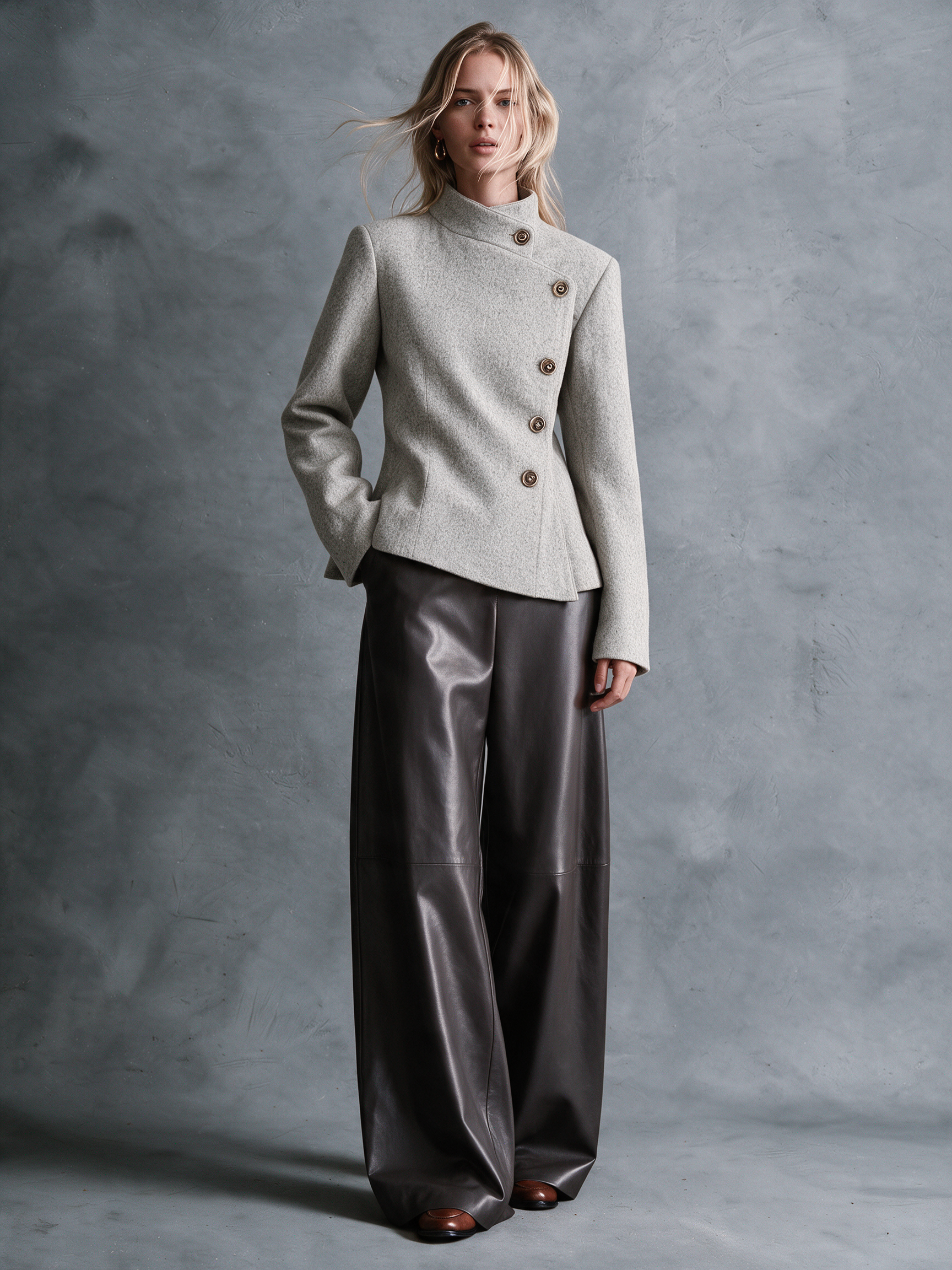 Women's Light Heather Gray Woolen Stand‑Collar Asymmetric Button‑Front Fitted Jacket With Peplum Hem