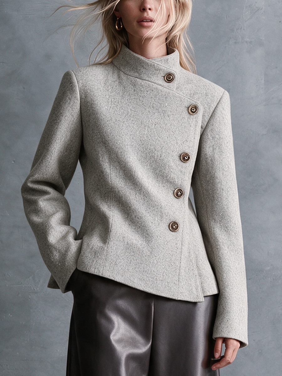 Women's Light Heather Gray Woolen Stand‑Collar Asymmetric Button‑Front Fitted Jacket With Peplum Hem