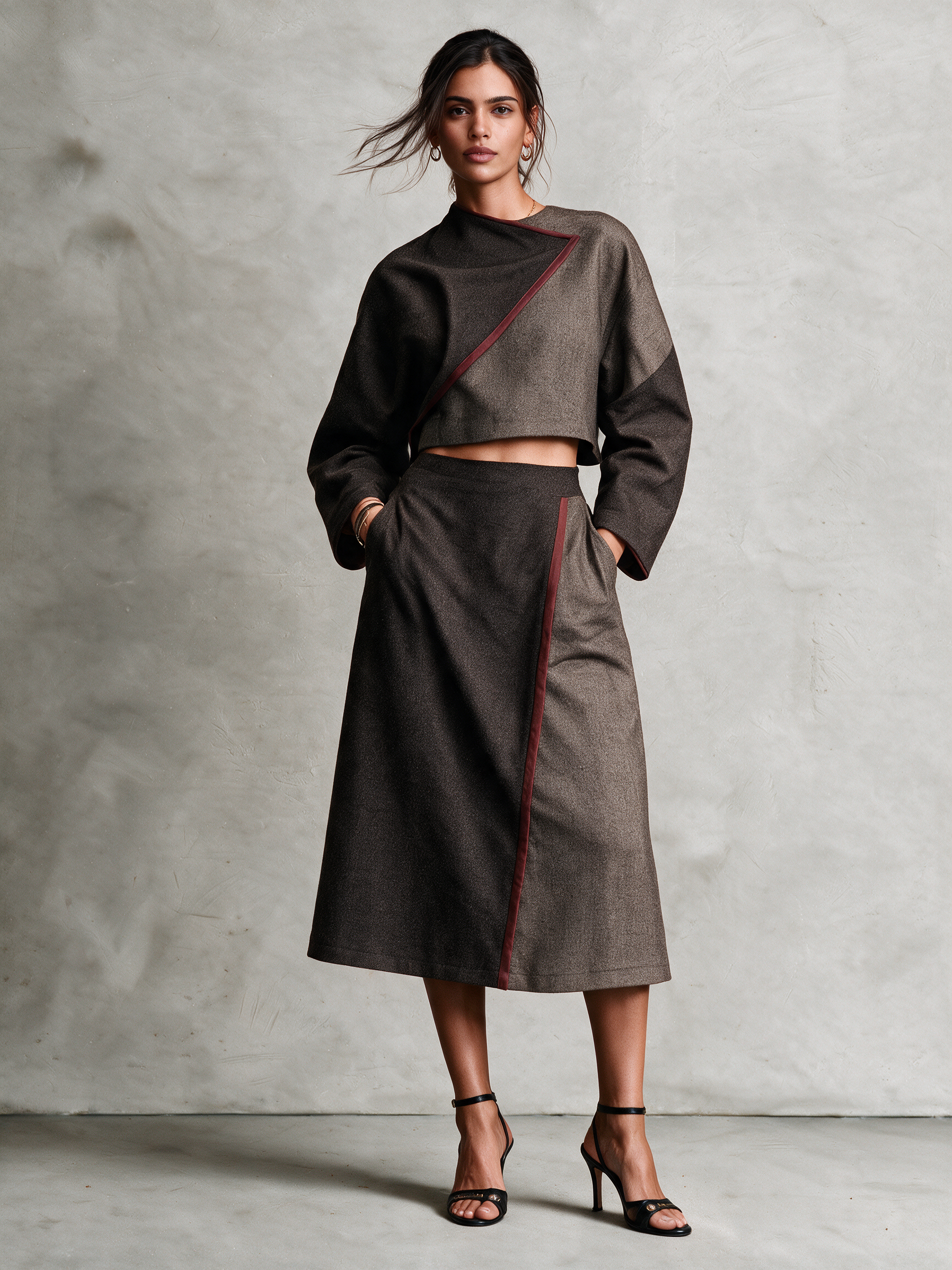 Women's Brown Woolen Color‑Block Cropped Top & Wrap‑Front A‑Line Midi Skirt With Burgundy Piping Two‑Piece Set