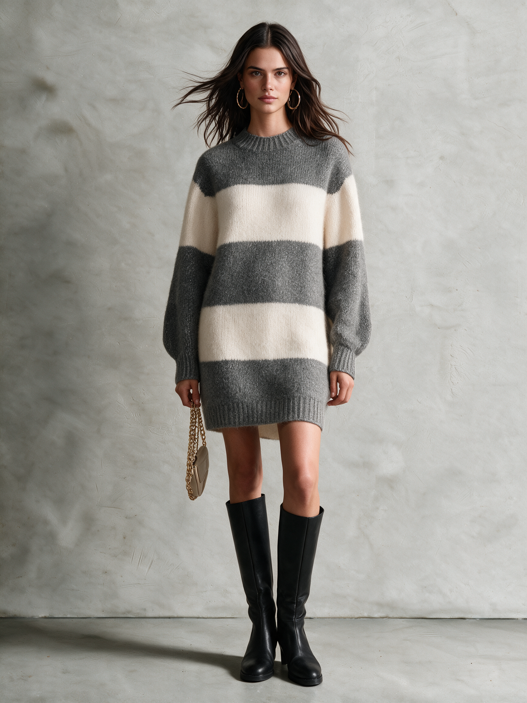 Women's Gray & Cream Wide Stripe Wool Knit Crewneck Balloon Sleeve Mini Sweater Dress