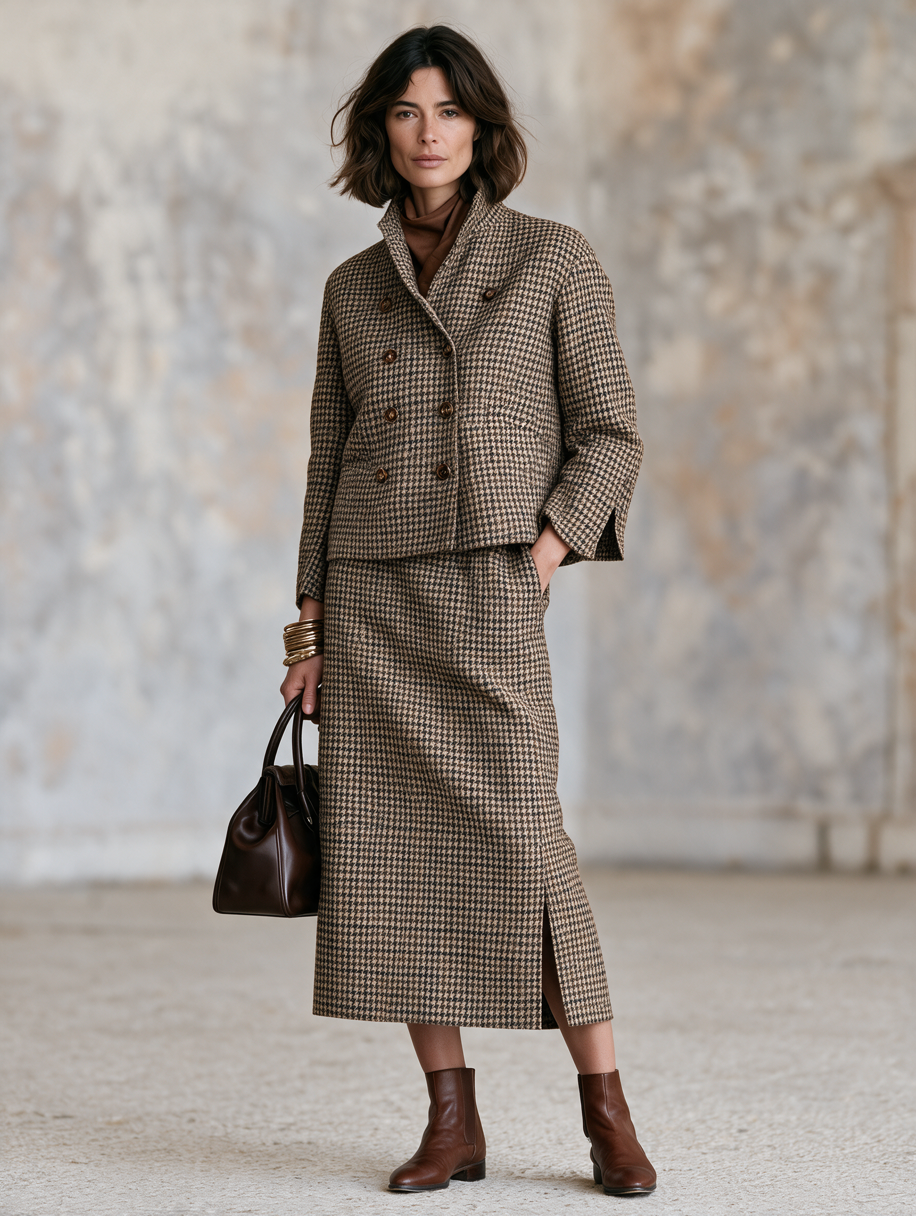 Women’s Vintage-Elegant Houndstooth Double-Breasted Cropped Jacket And Skirt Set