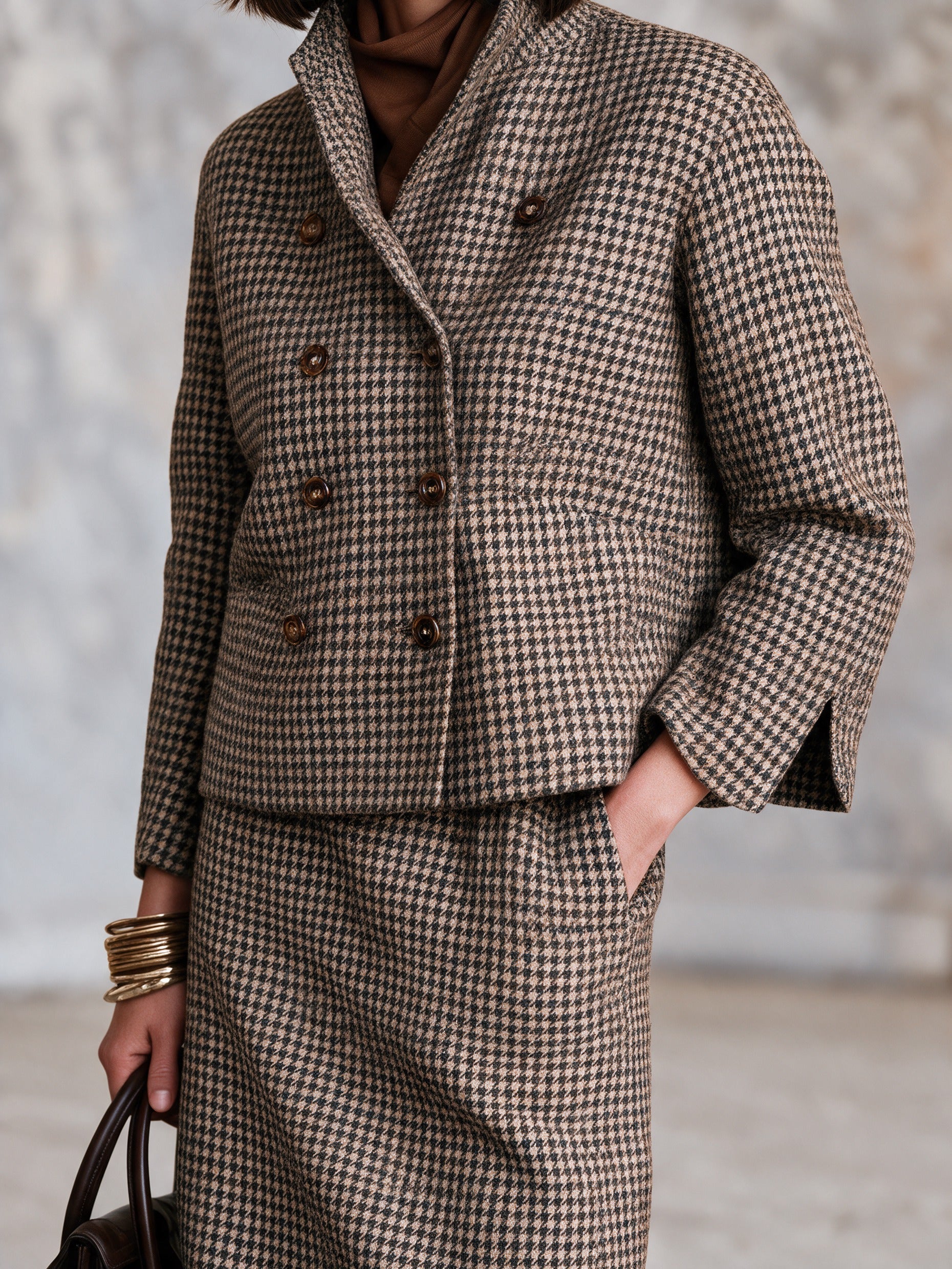 Women’s Vintage-Elegant Houndstooth Double-Breasted Cropped Jacket And Skirt Set
