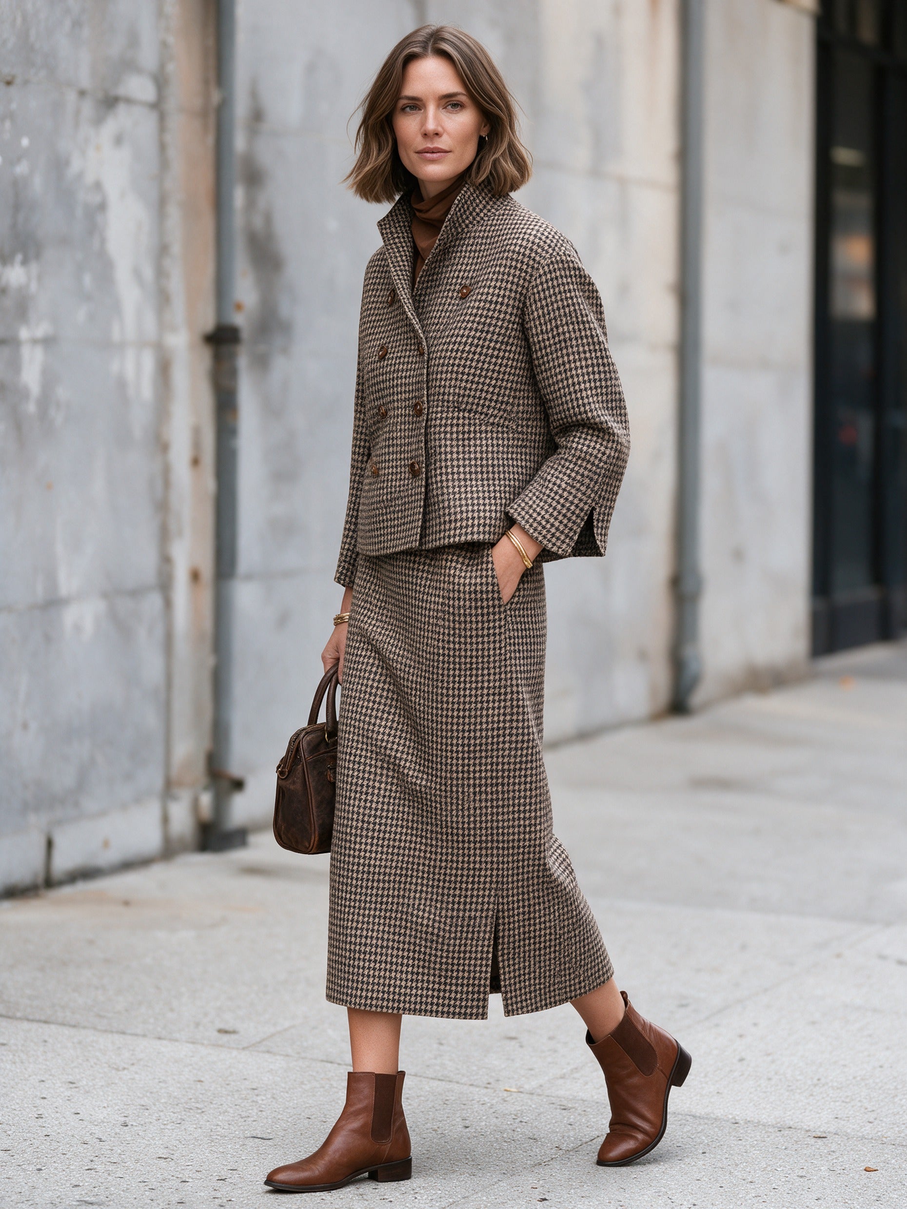 Women’s Vintage-Elegant Houndstooth Double-Breasted Cropped Jacket And Skirt Set