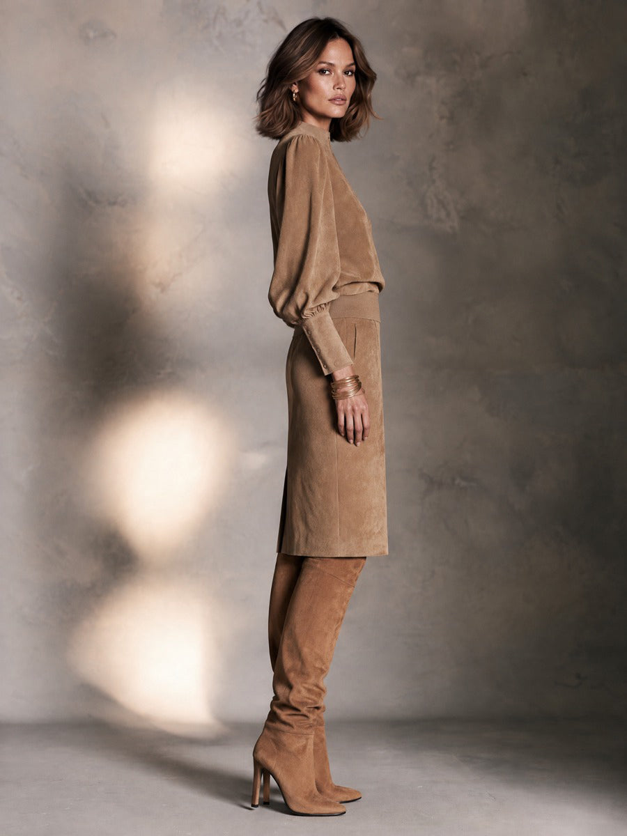 Women’s Vintage-Elegant Suede Zip-Front Stand-Collar Pencil Skirt Set