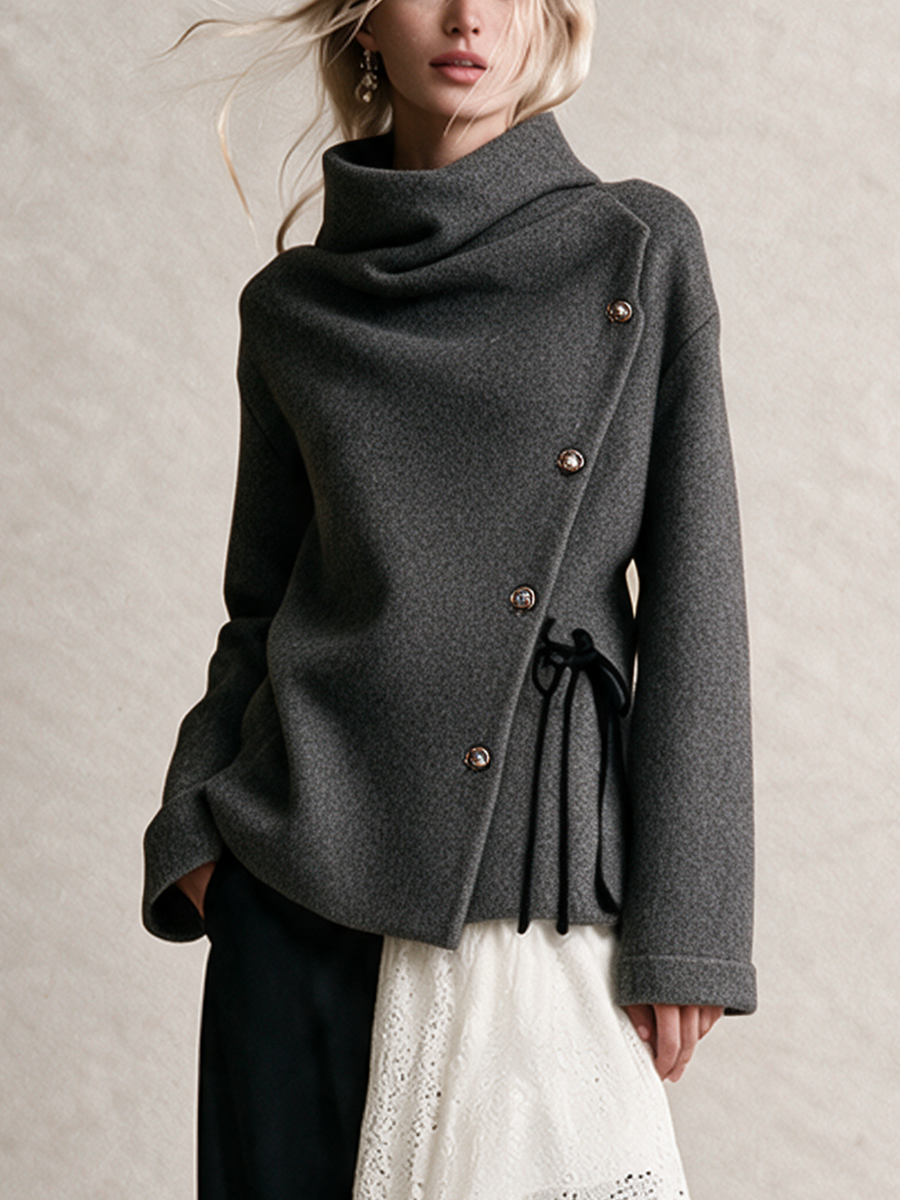 Women's Dark Heather Gray Woolen Draped Neck Asymmetric Button‑Front Jacket With Side Tie Waist