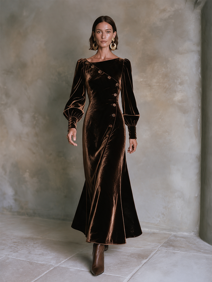 Women's Coffee Brown Velvet Diagonal-Button Balloon Sleeve Maxi Dress